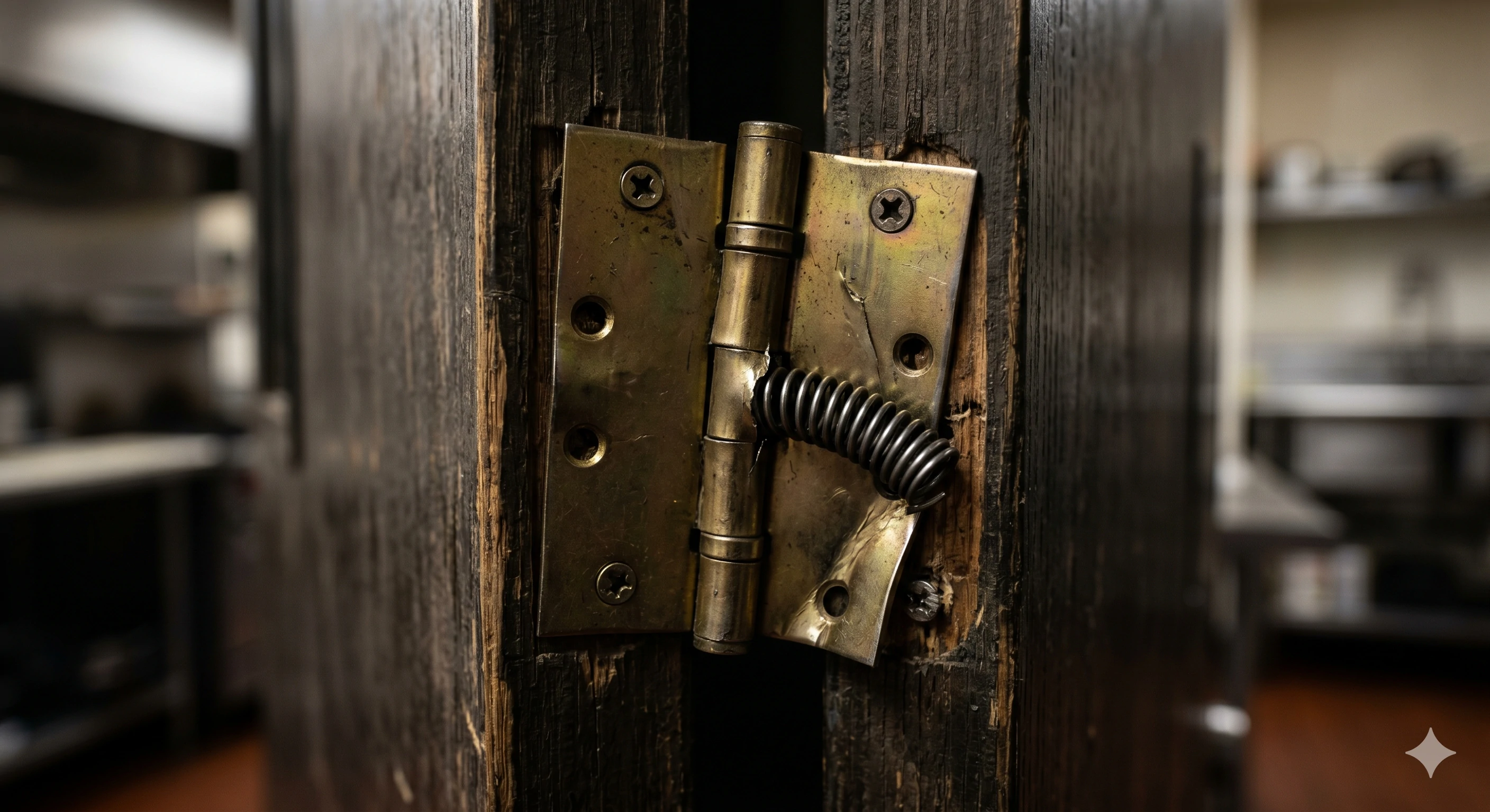 Close-up of a damaged brass spring hinge on a dark wooden door.