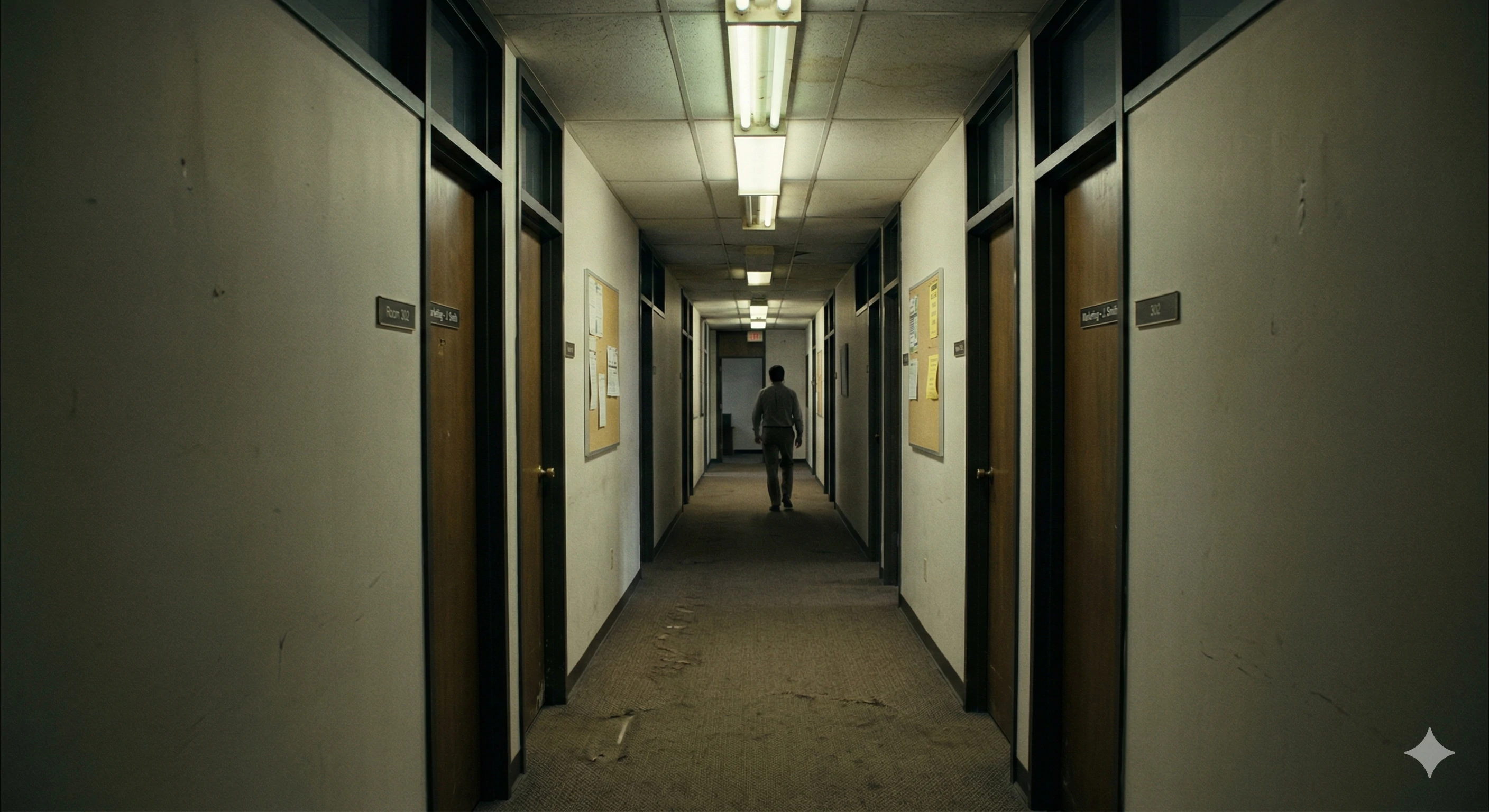 Person walking down dark old dingy office hallway