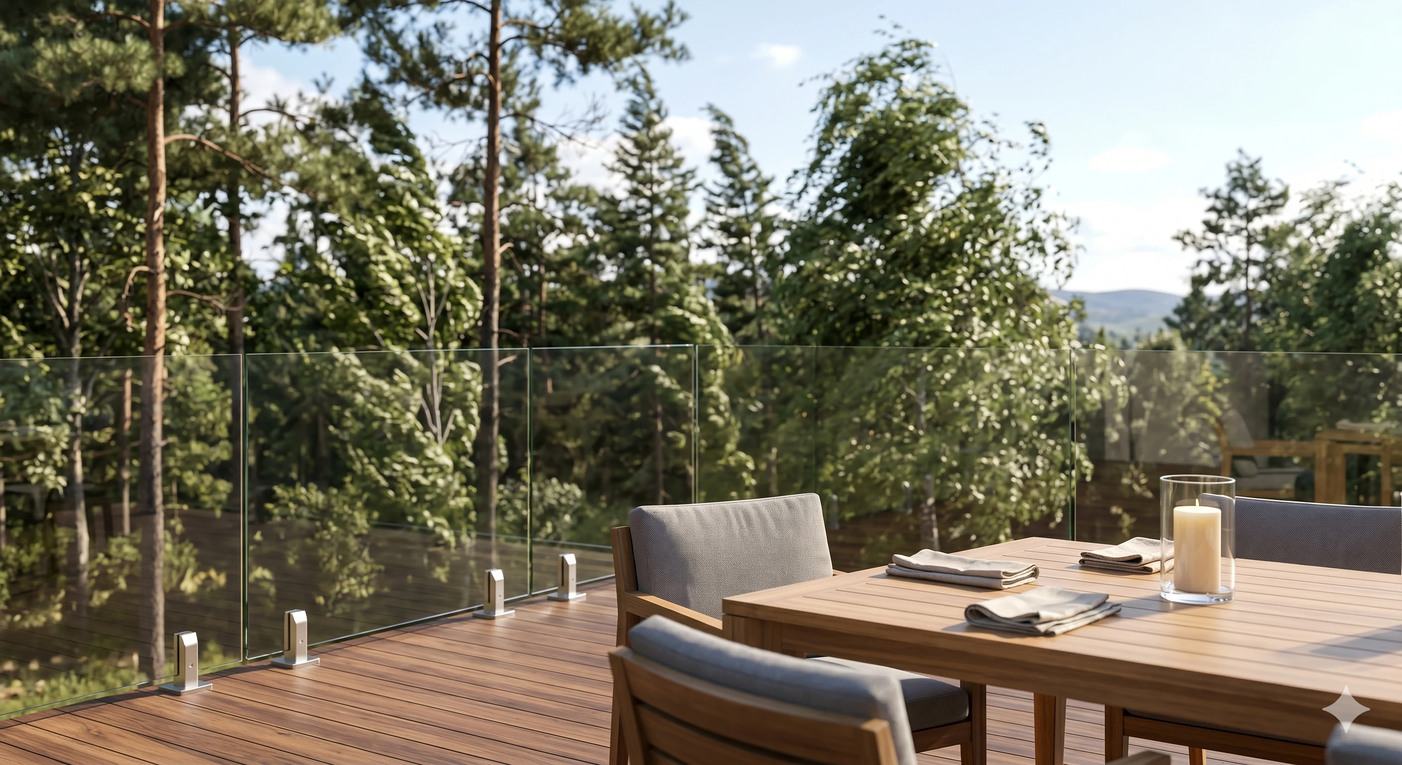 Outdoor dining area on a wooden deck with glass railing facing forest