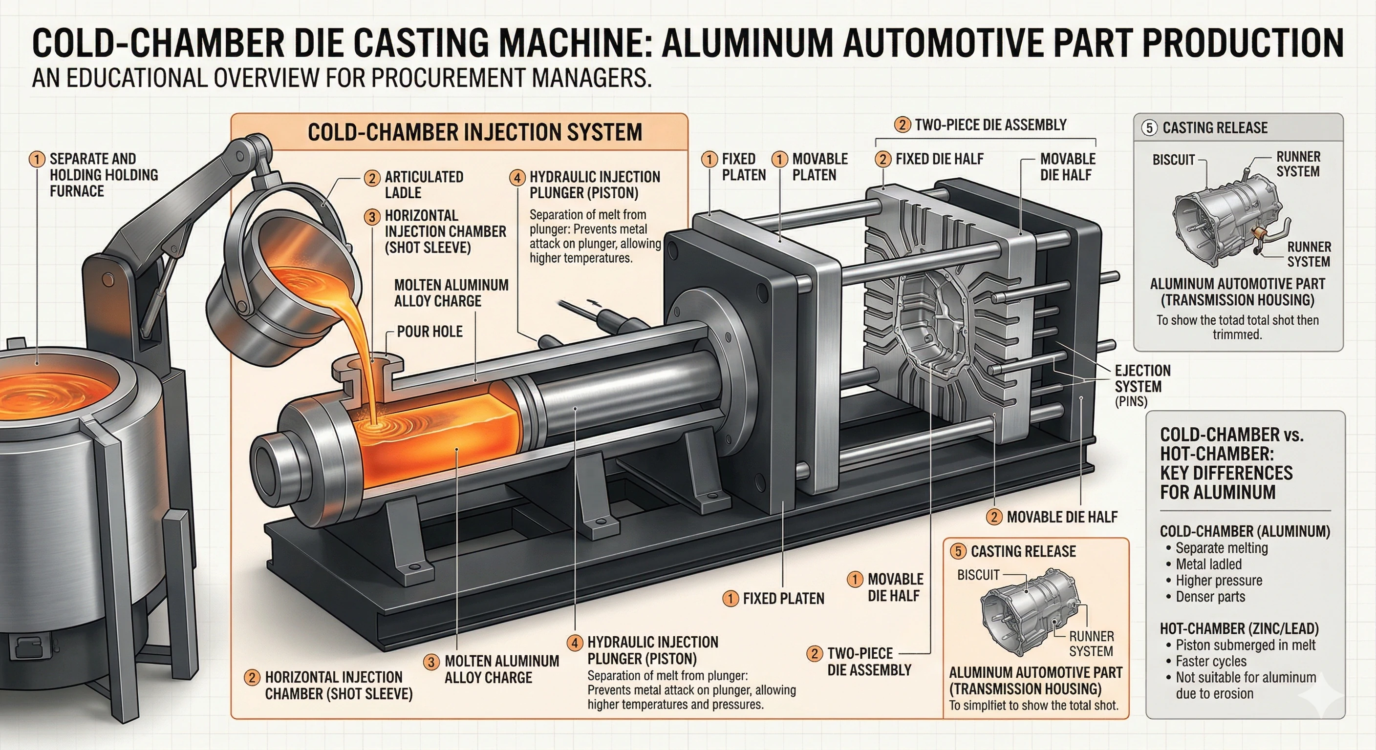 Diagram of a cold-chamber die casting machine for aluminum automotive parts.