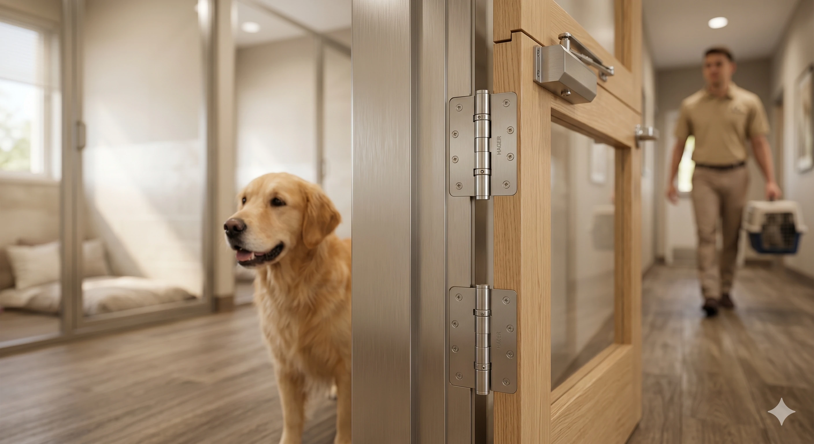 Golden retriever dog near glass door with metal hinges in daycare