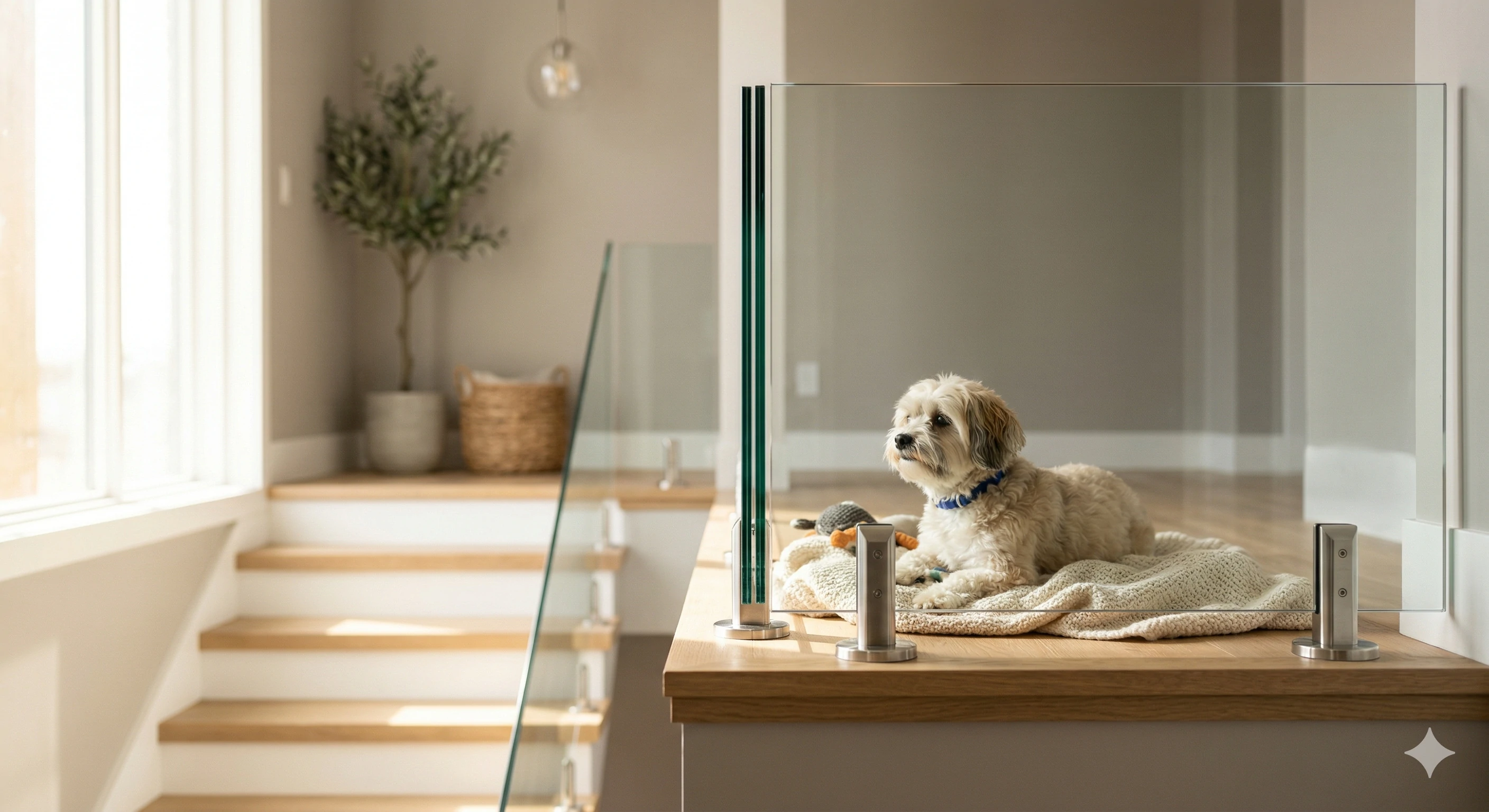 Small dog resting on blanket by modern glass staircase railing