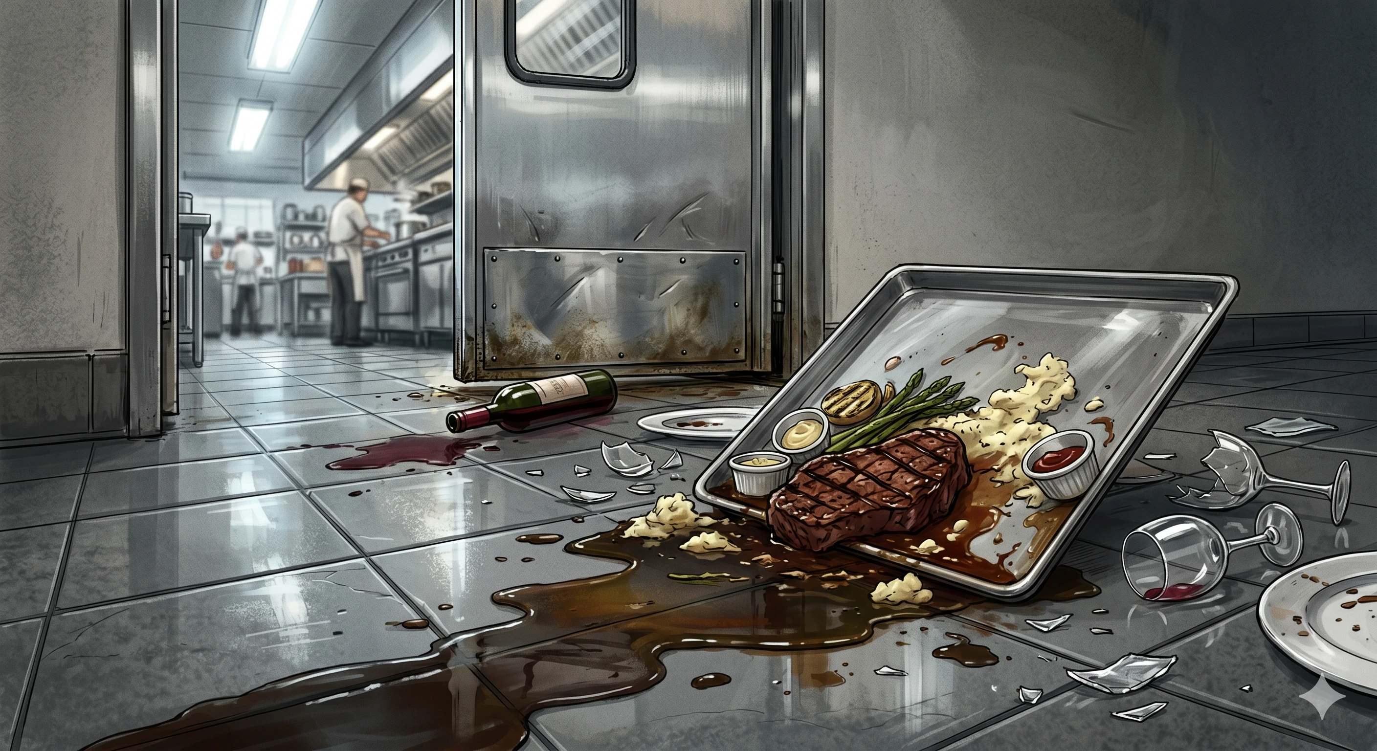 Dropped tray with spilled steak, broken dishes, and wine on floor