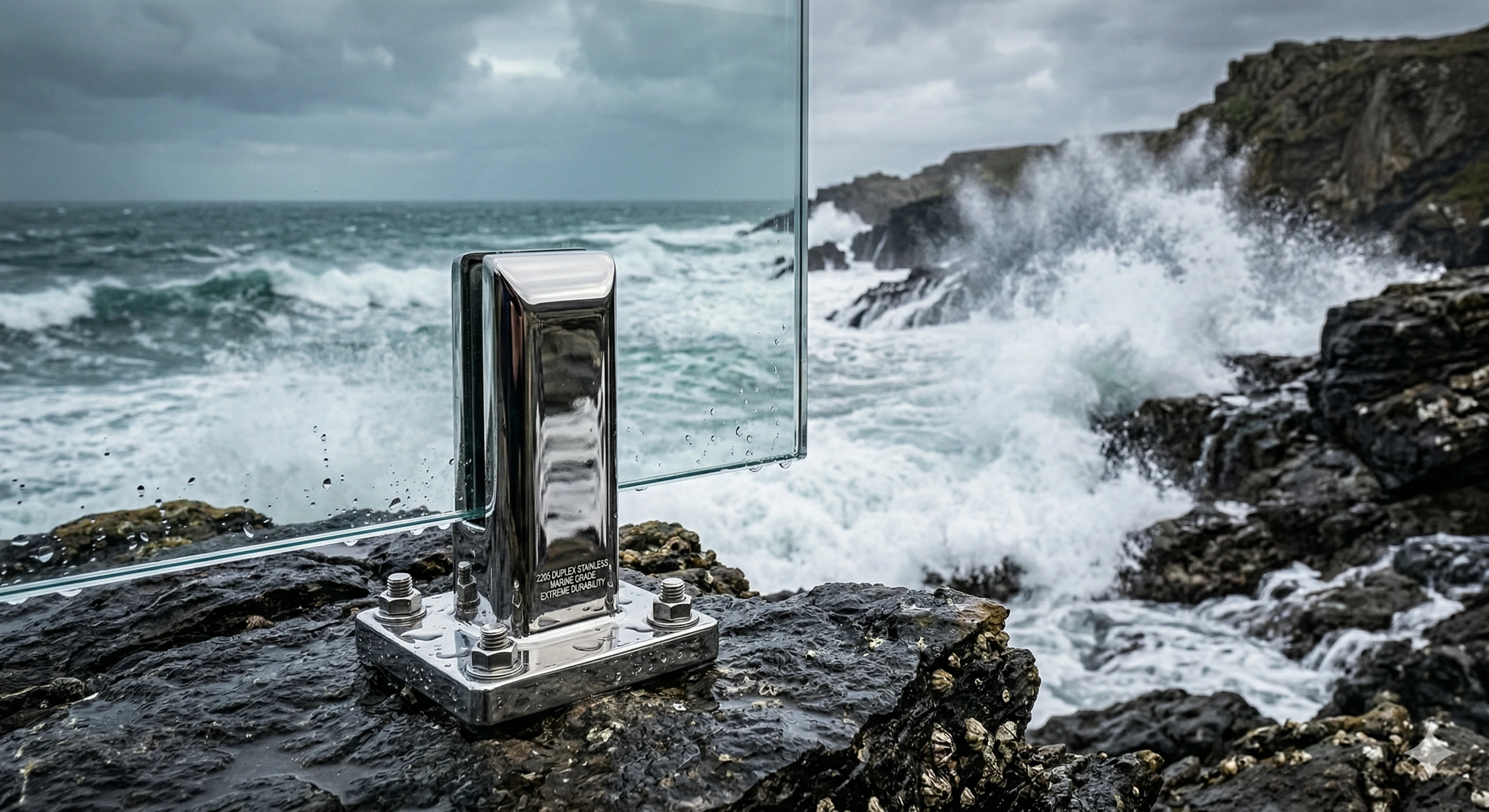 Marine grade stainless steel spigot against crashing ocean waves.