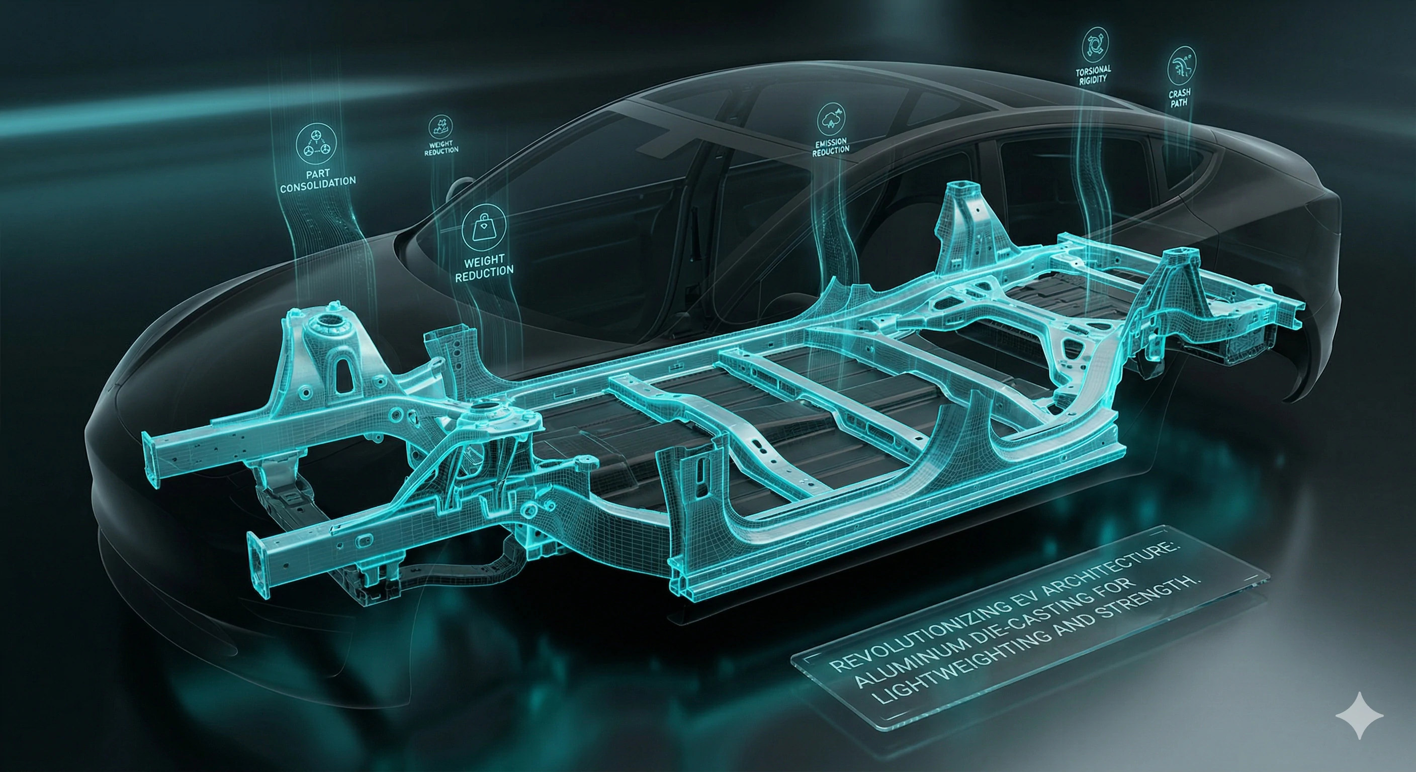 Maquette filaire de l'architecture d'un véhicule électrique et du moulage sous pression de l'aluminium
