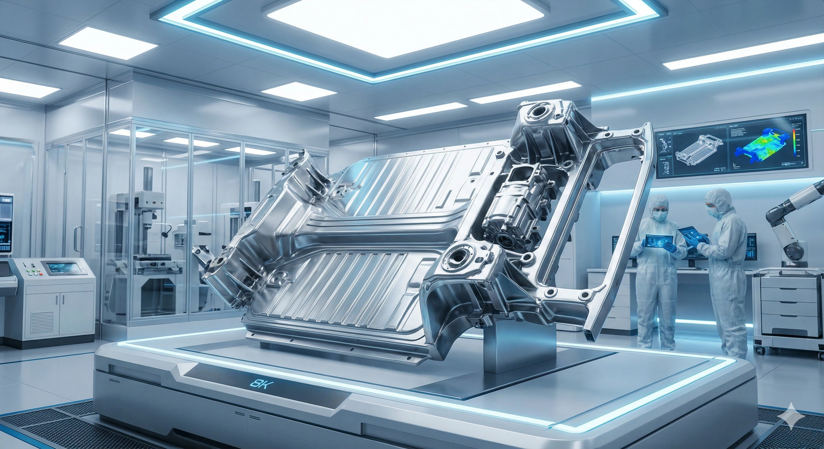 Engineers in cleanroom inspecting electric vehicle metal underbody.