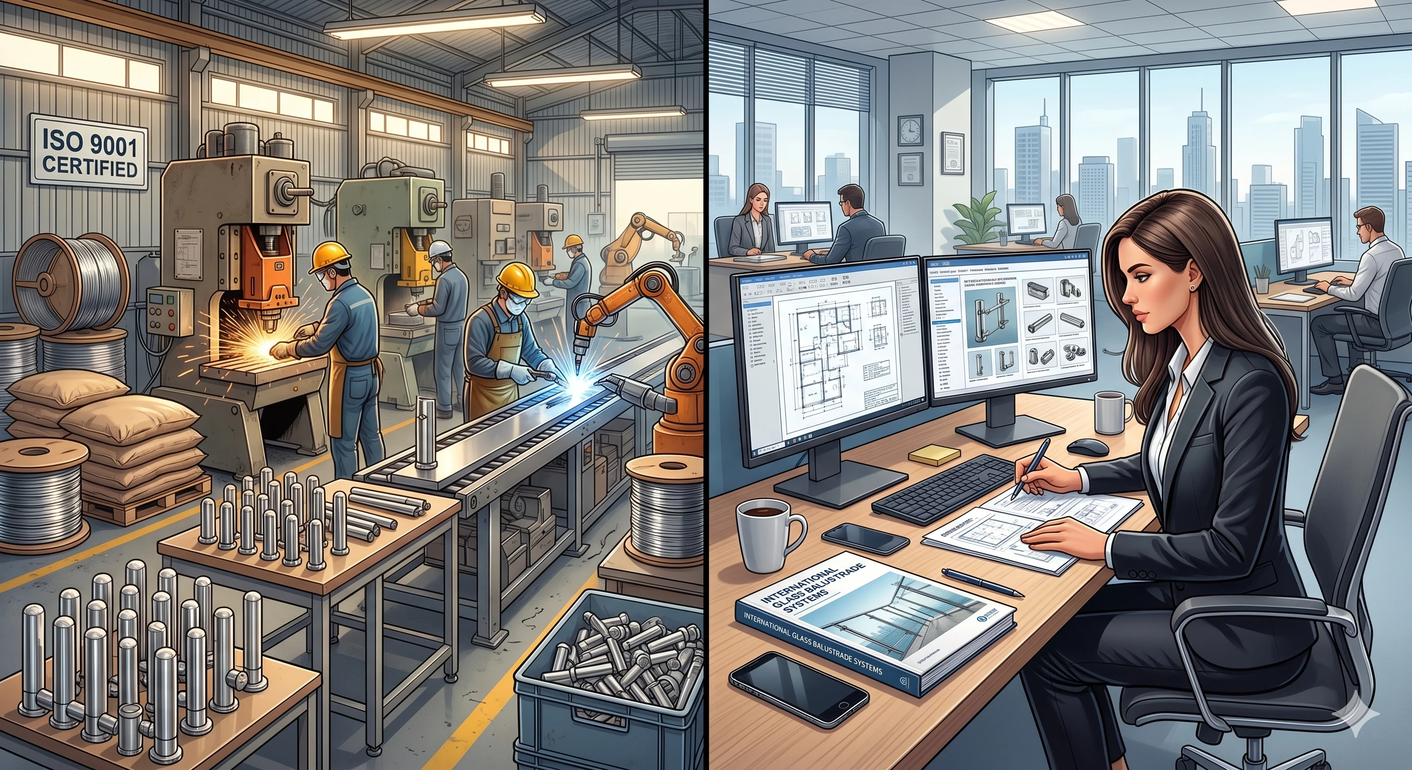 Factory production and office CAD design for glass balustrade systems