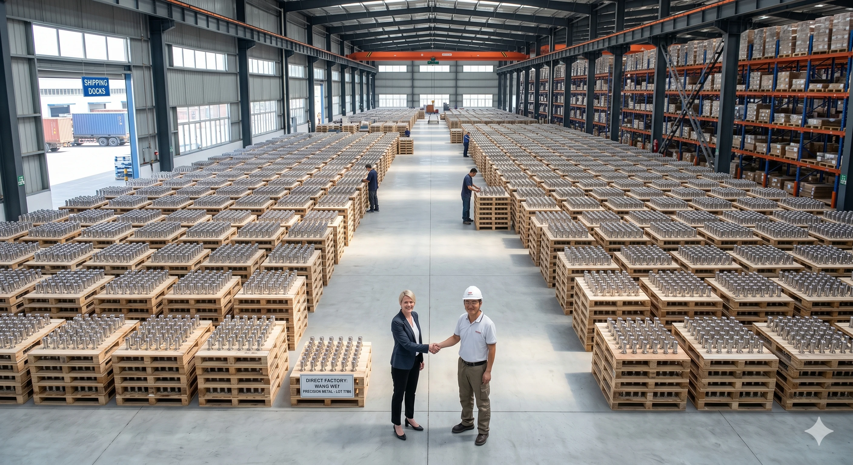 Large factory warehouse with stacked metal parts and two people shaking hands