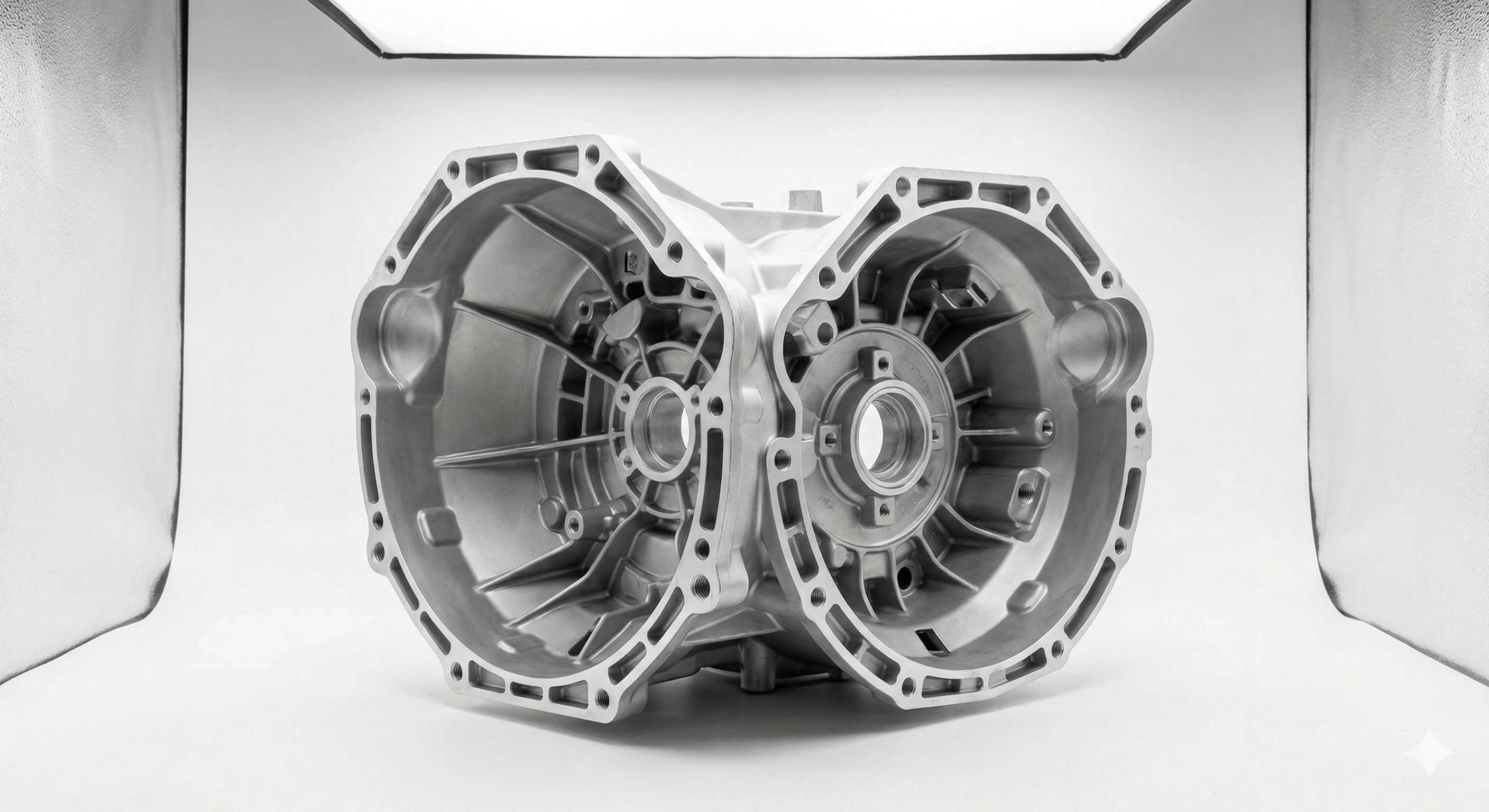 Pièce de carter de transmission automobile en aluminium finie, présentée dans un caisson lumineux