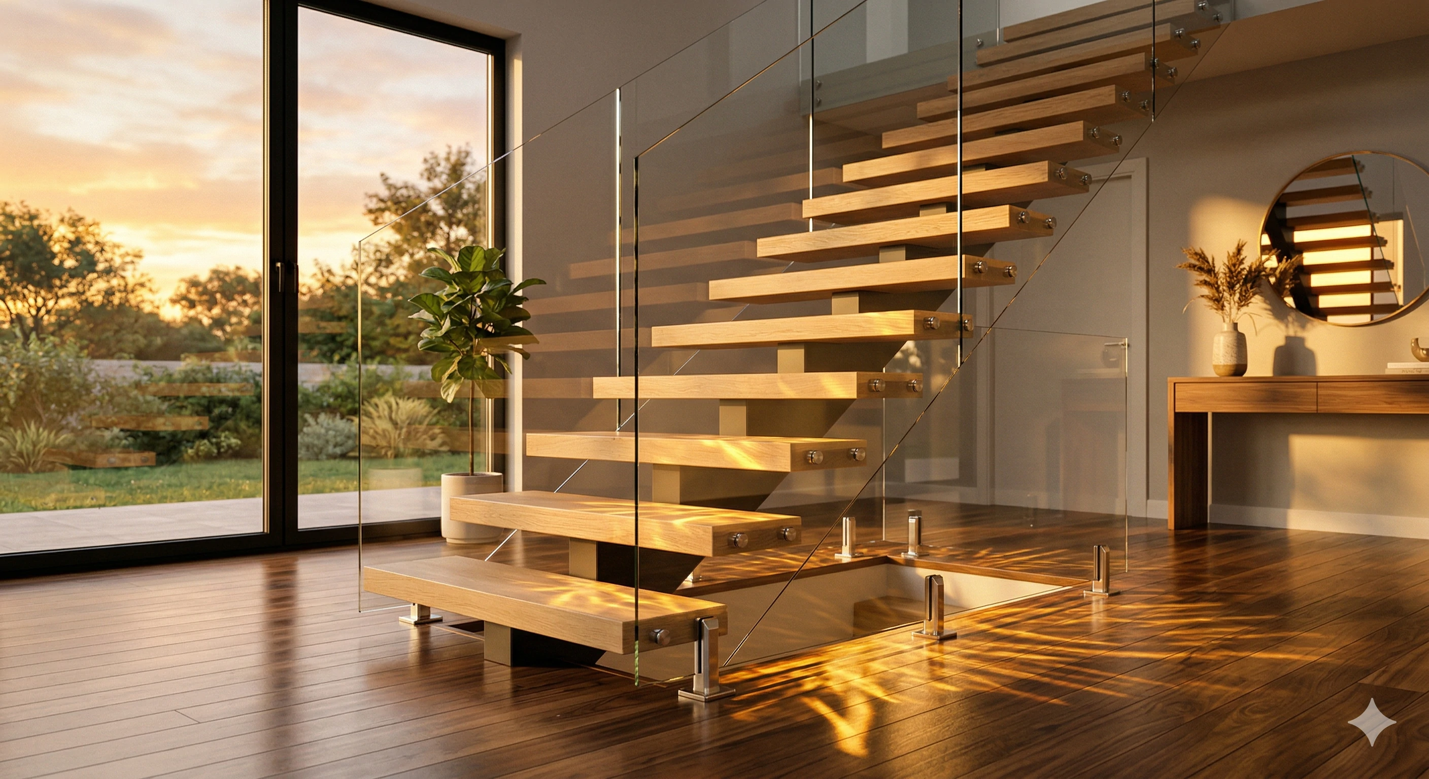 Floating wooden stairs with glass railing reflecting warm sunlight