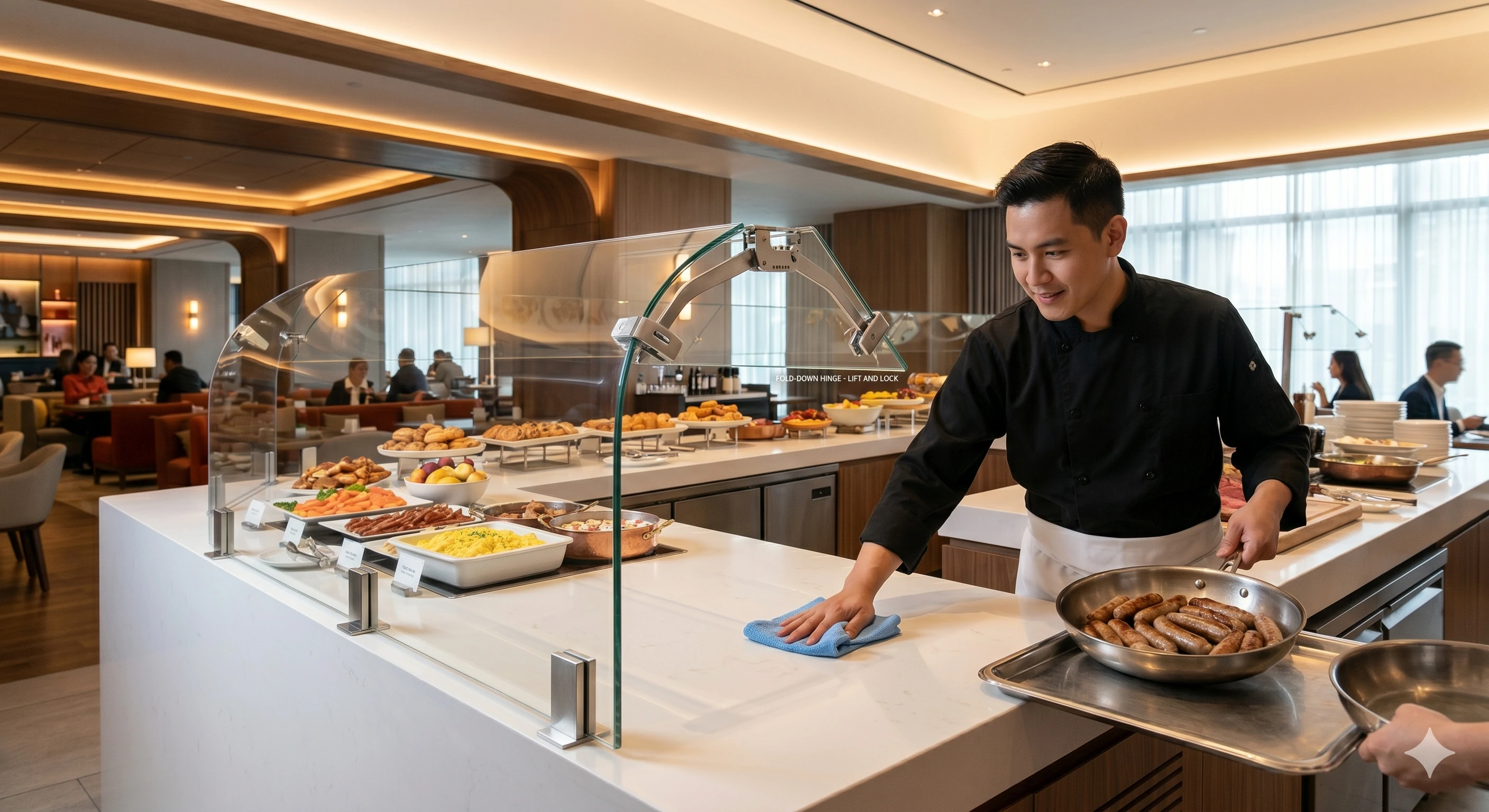 Chef cleaning a modern buffet counter with a fold-down glass sneeze guard