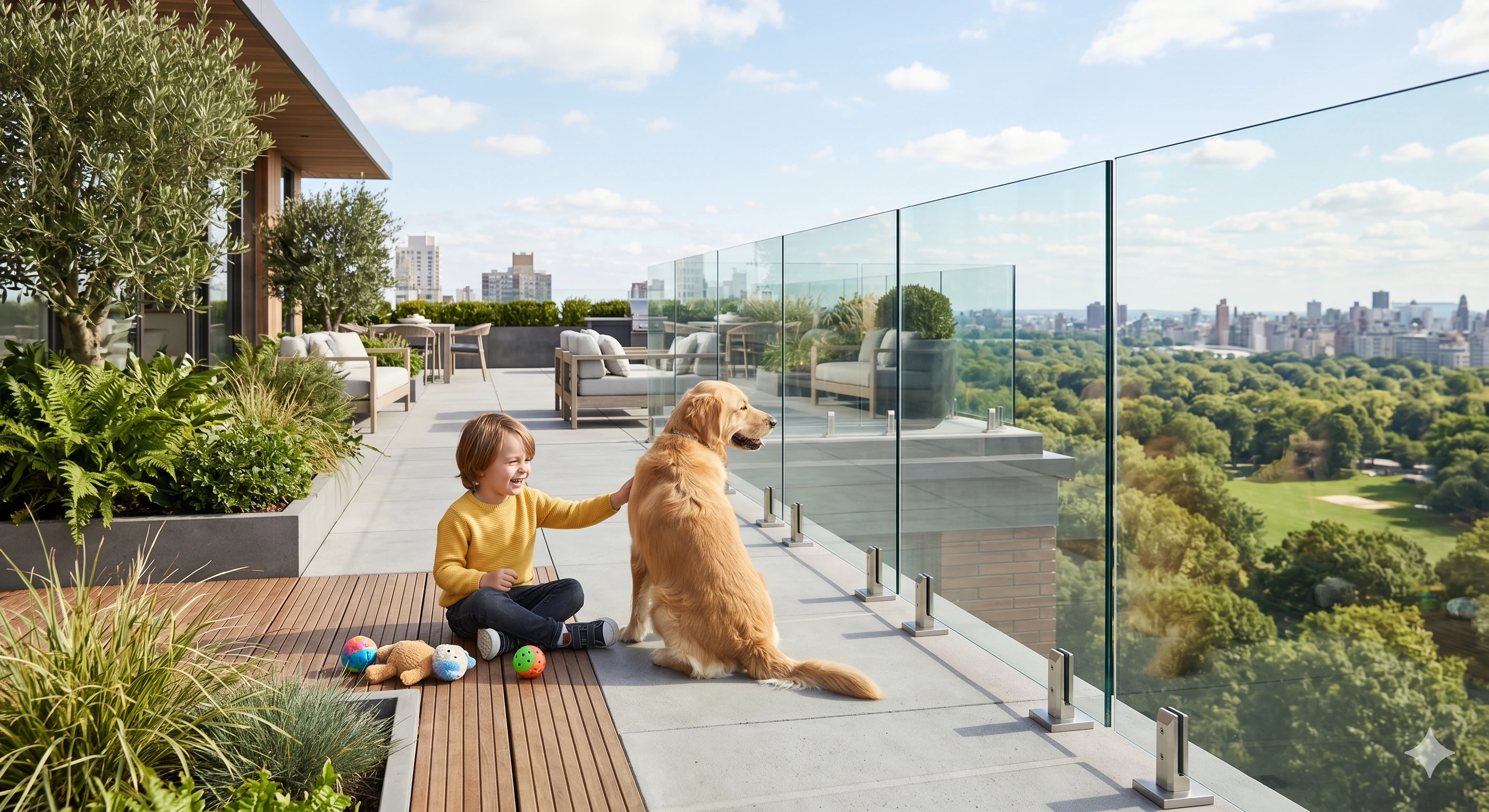 Child and dog on balcony with frameless glass railing overlooking city park