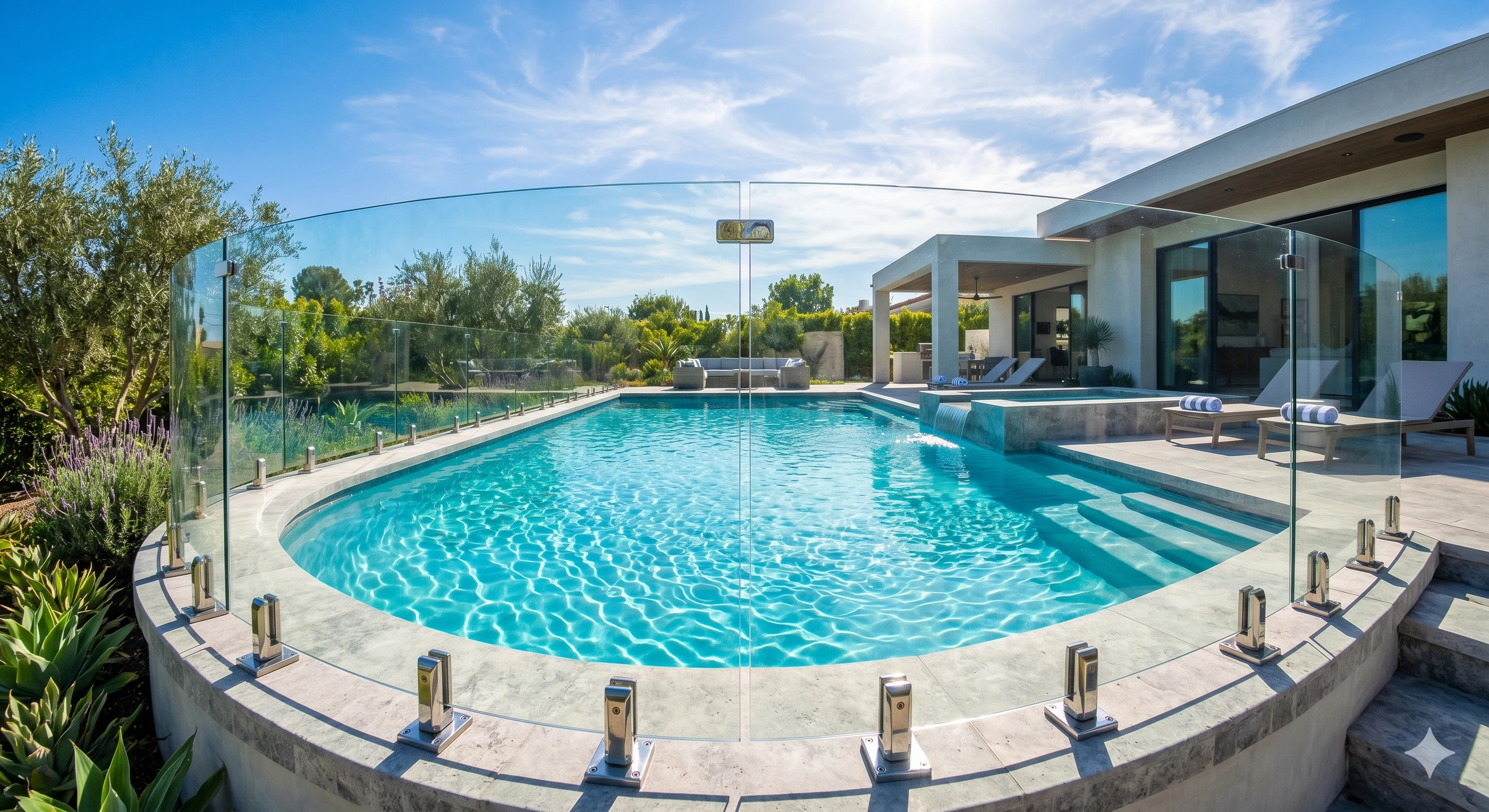 Frameless glass pool fencing with metal spigots surrounding a curved backyard swimming pool.