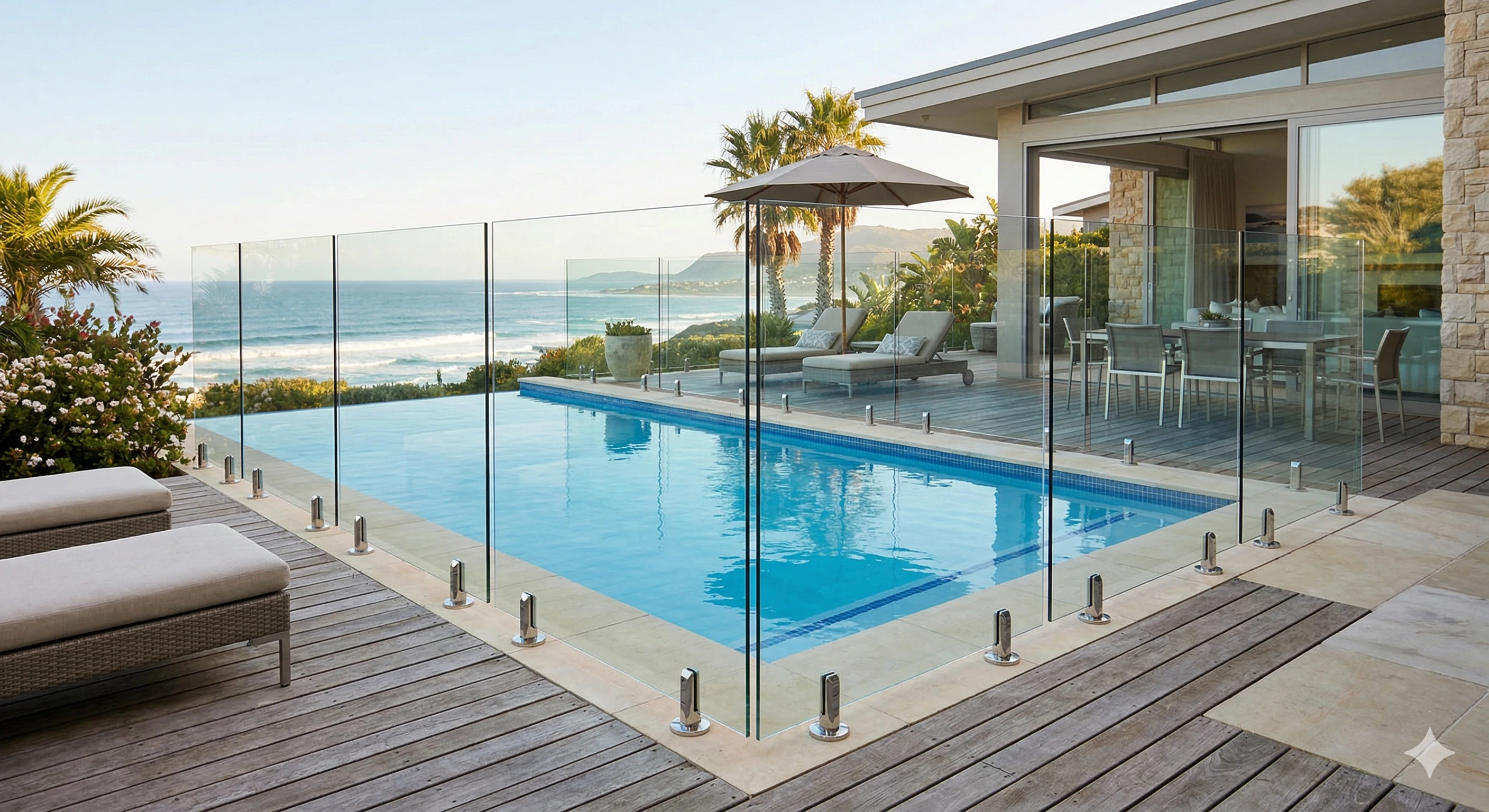 Frameless glass pool fencing with stainless steel spigots.