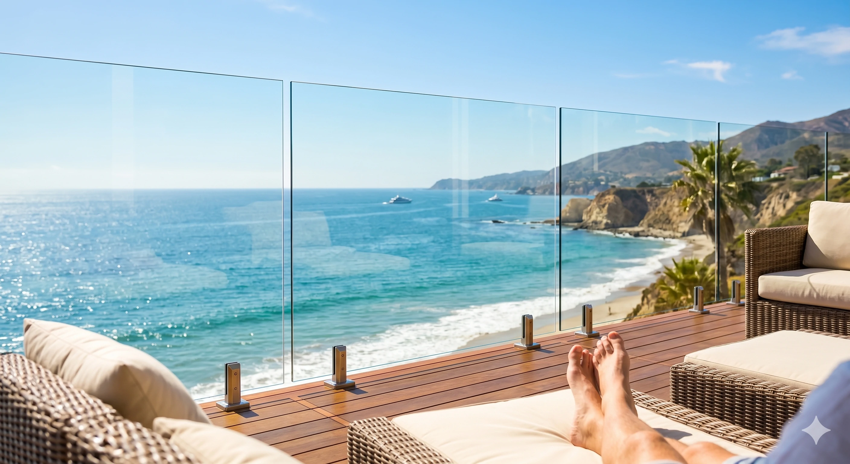 Frameless glass balustrade on wooden deck with ocean view and seating.
