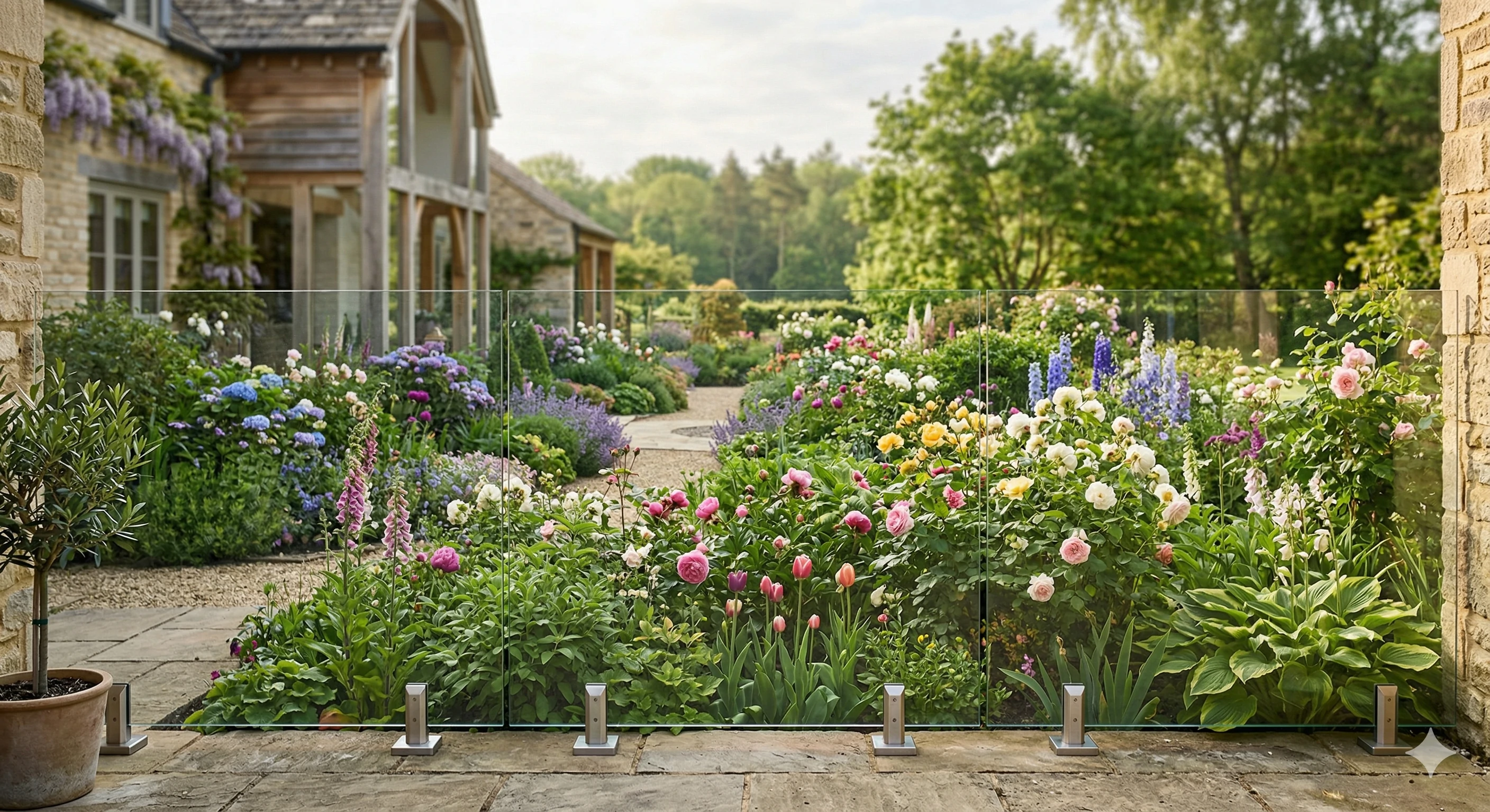 Clear glass fencing separating stone patio from vibrant blooming flower garden.