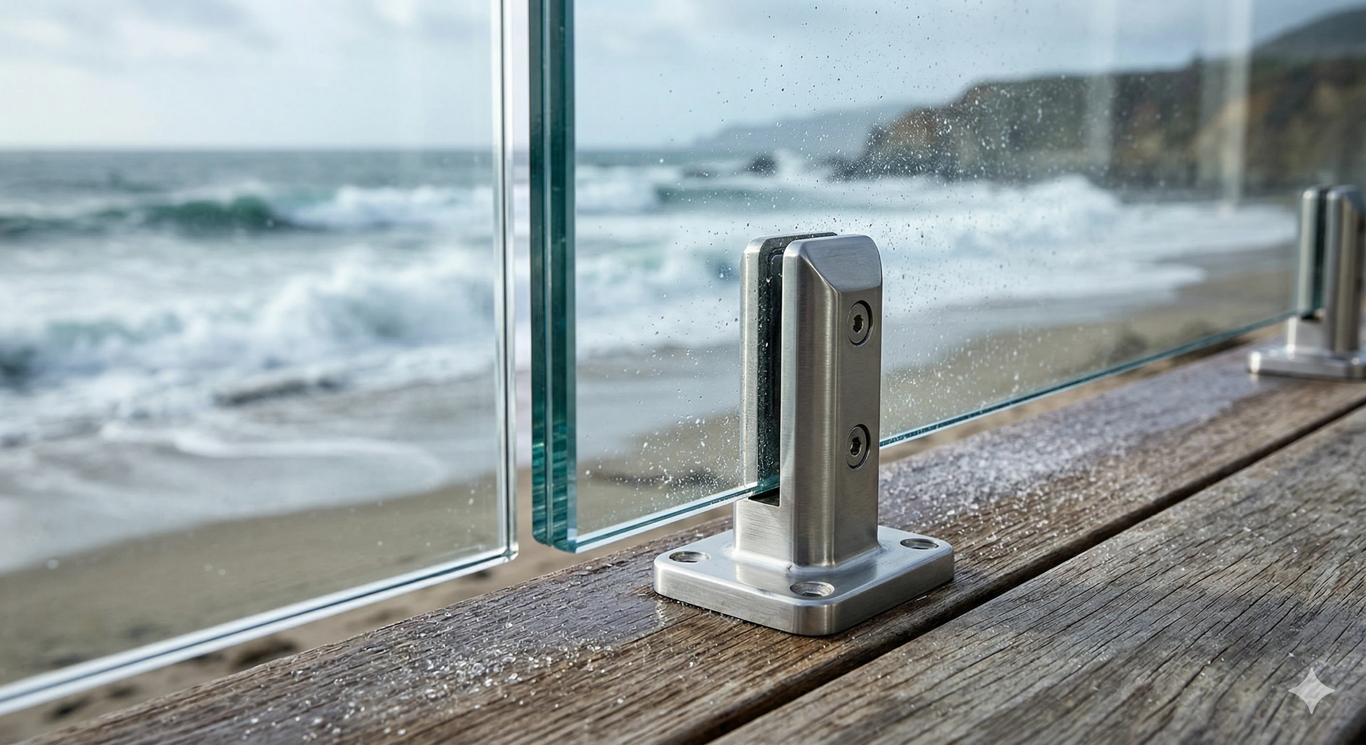 Stainless steel spigots holding frameless glass balcony panel on beach