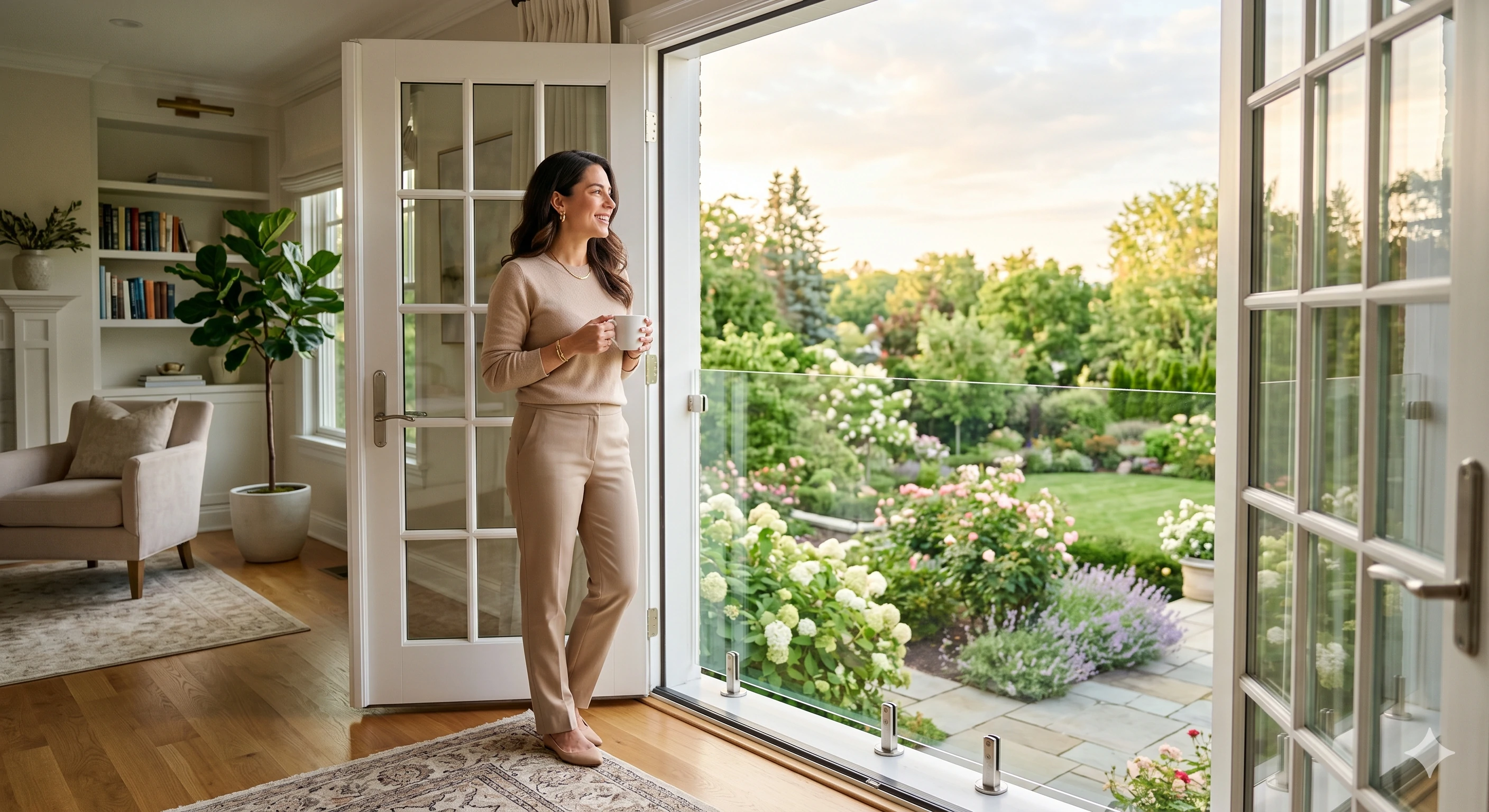 Woman holding coffee enjoying lush garden view through glass barrier