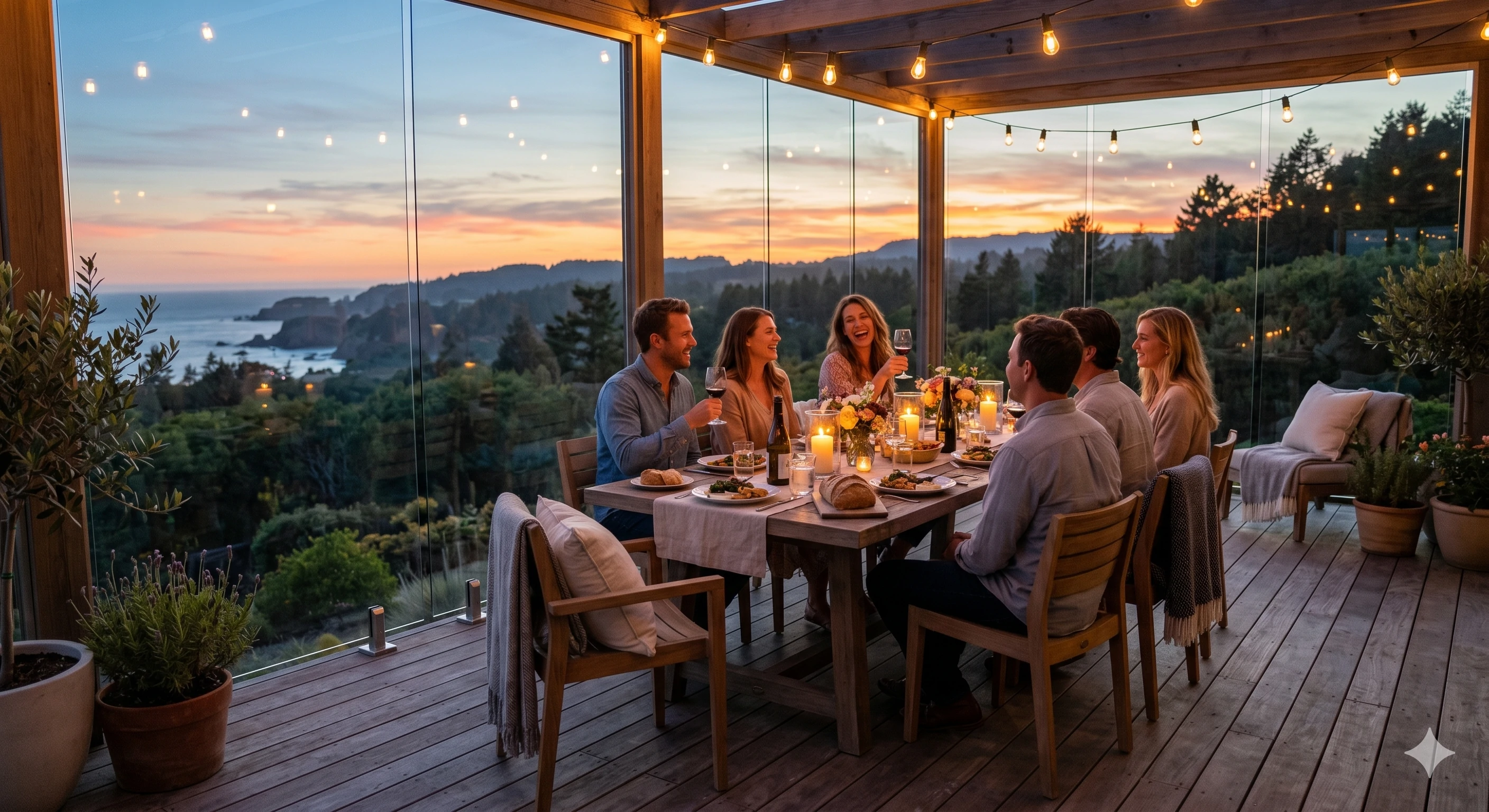 Friends dining on glass-enclosed patio deck during beautiful ocean sunset.