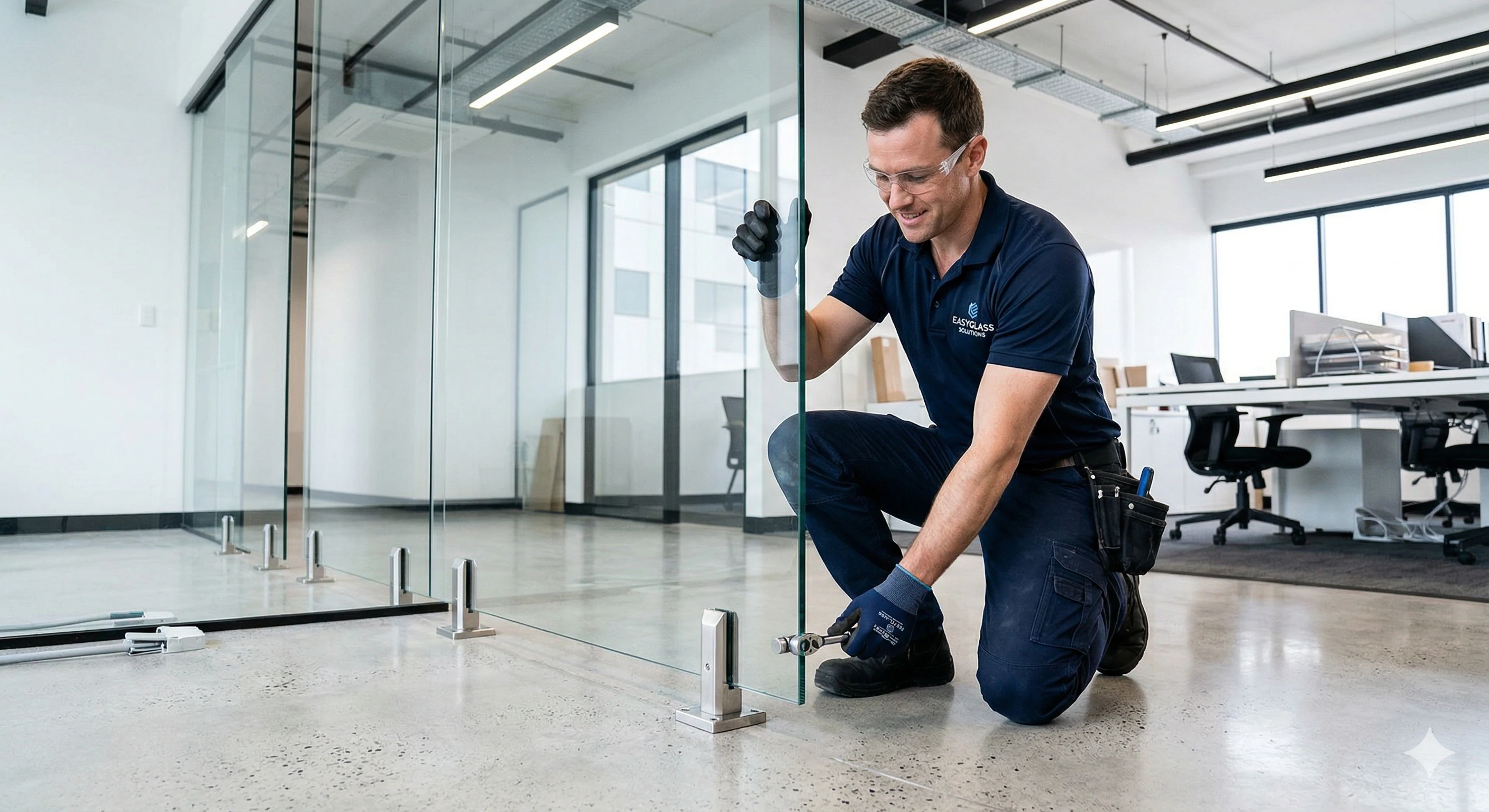 Worker installing frameless glass partition with metal floor spigots.