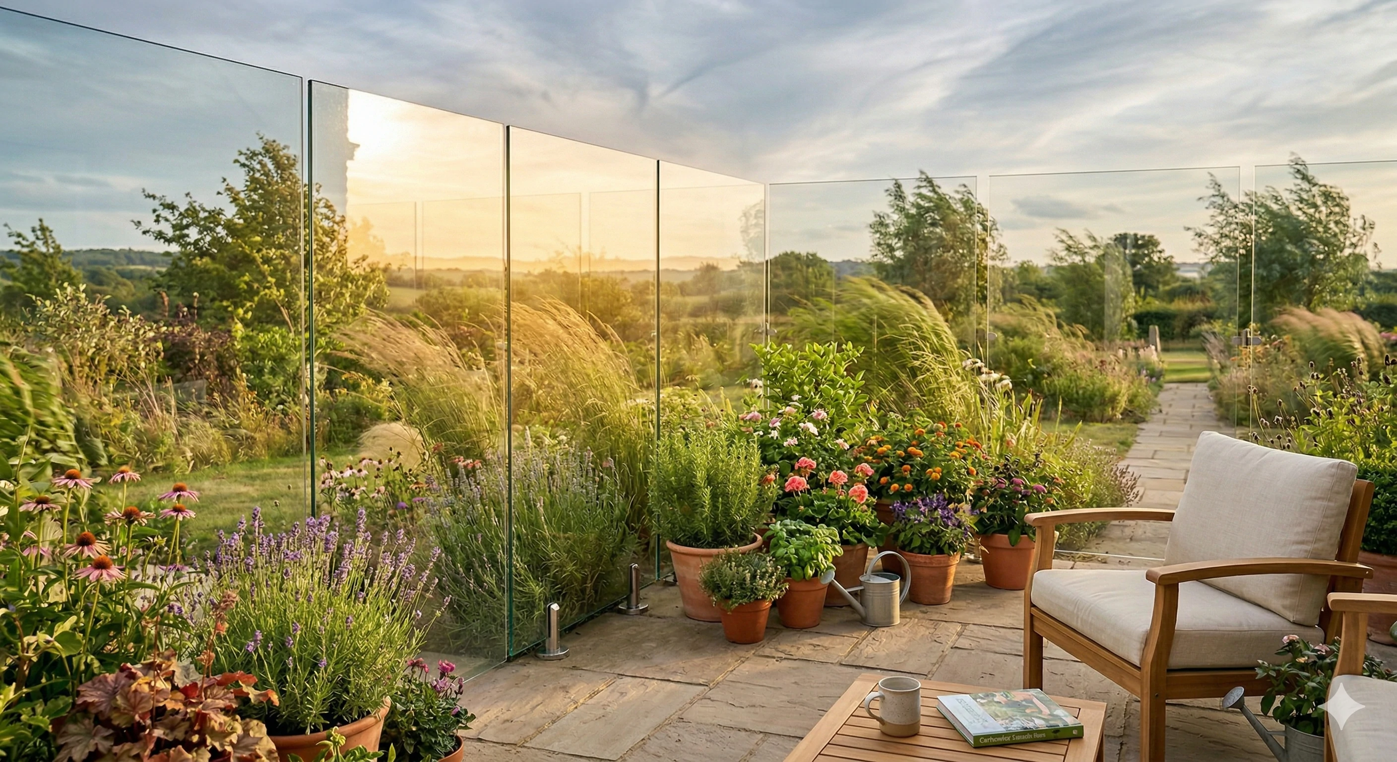 Frameless glass patio balustrade overlooking beautiful sunset garden landscape.