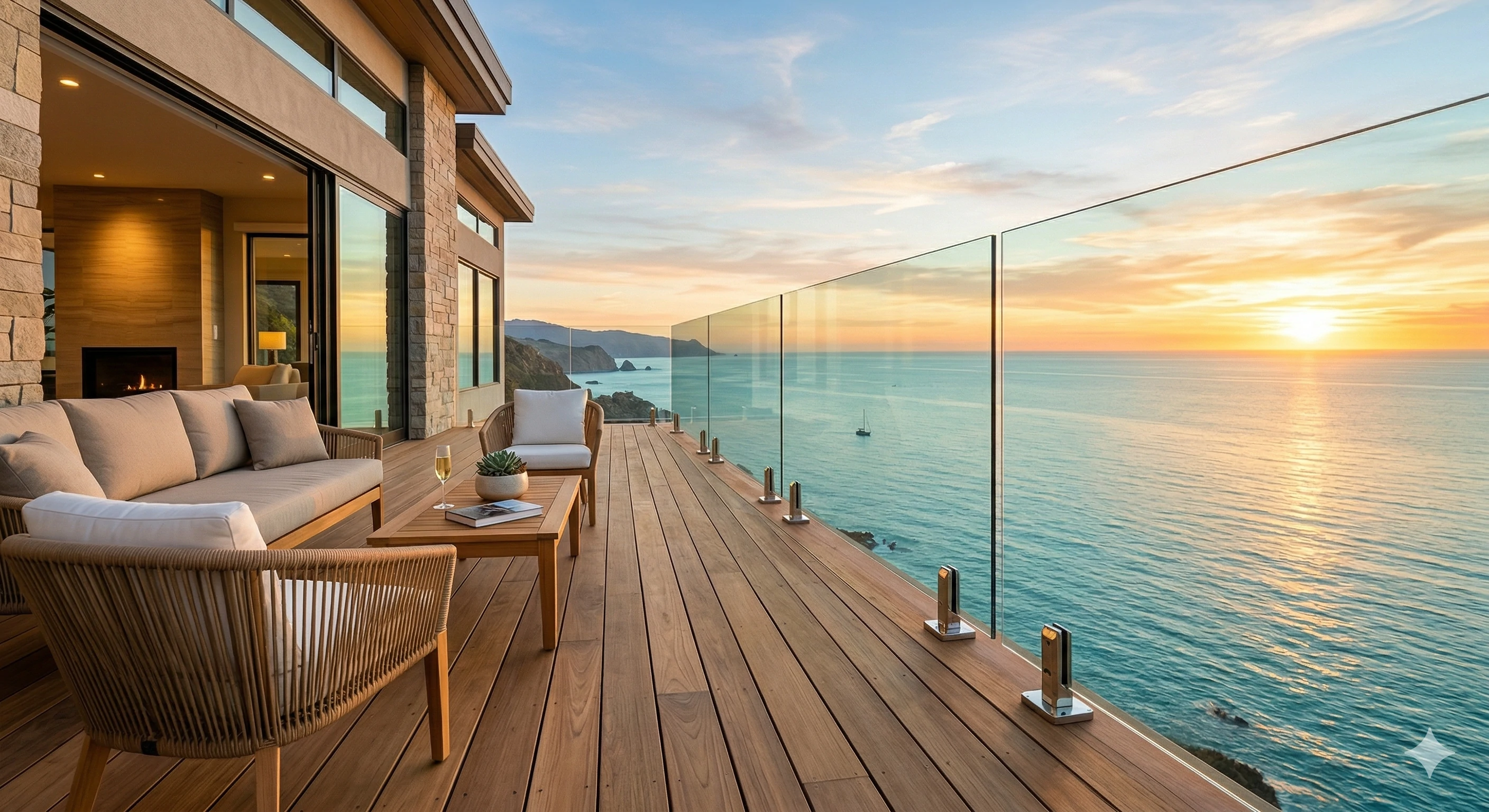 Glass balcony overlooking ocean at sunset with lounge furniture