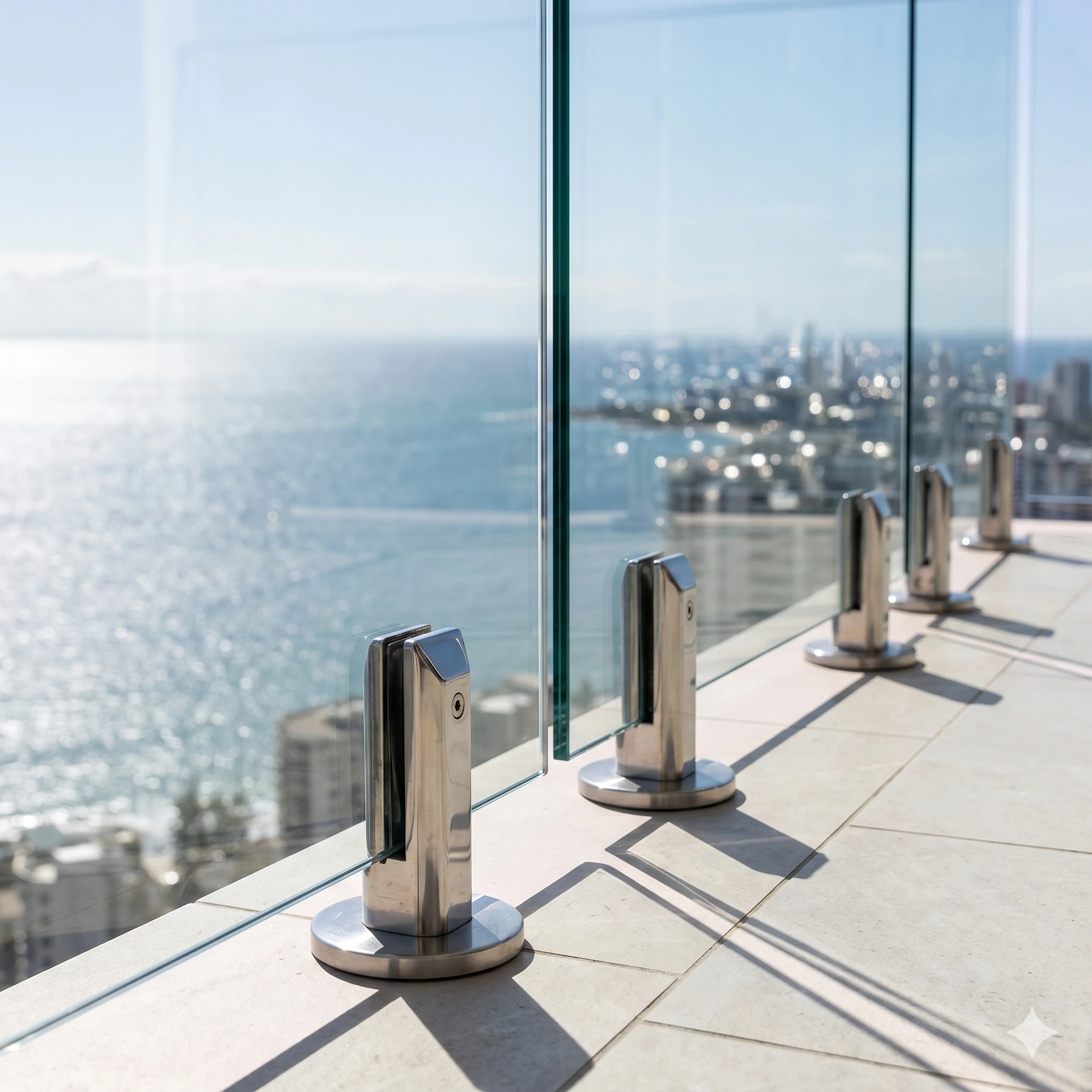Stainless steel glass balustrade spigots on sunlit balcony overlooking coastal ocean view