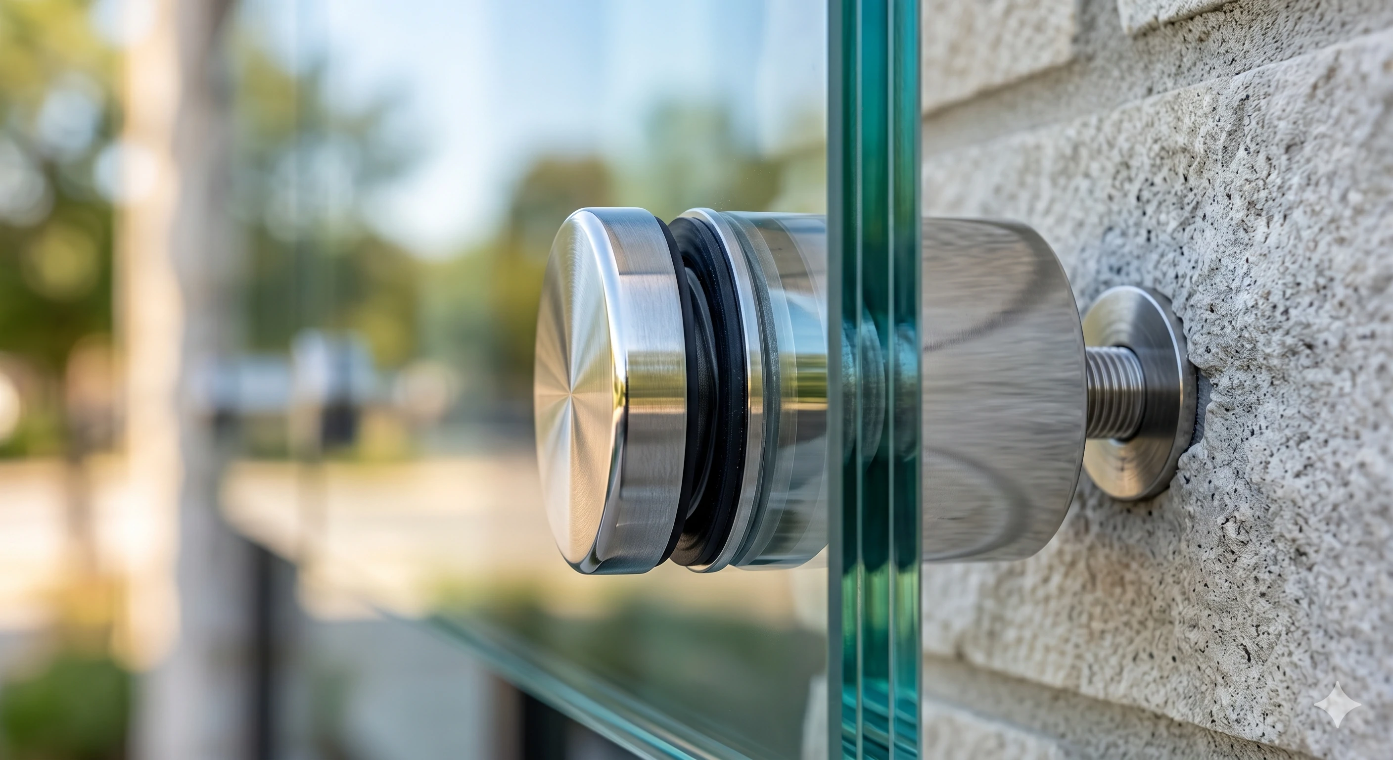 Stainless steel standoff pin holding frameless glass panel to brick wall