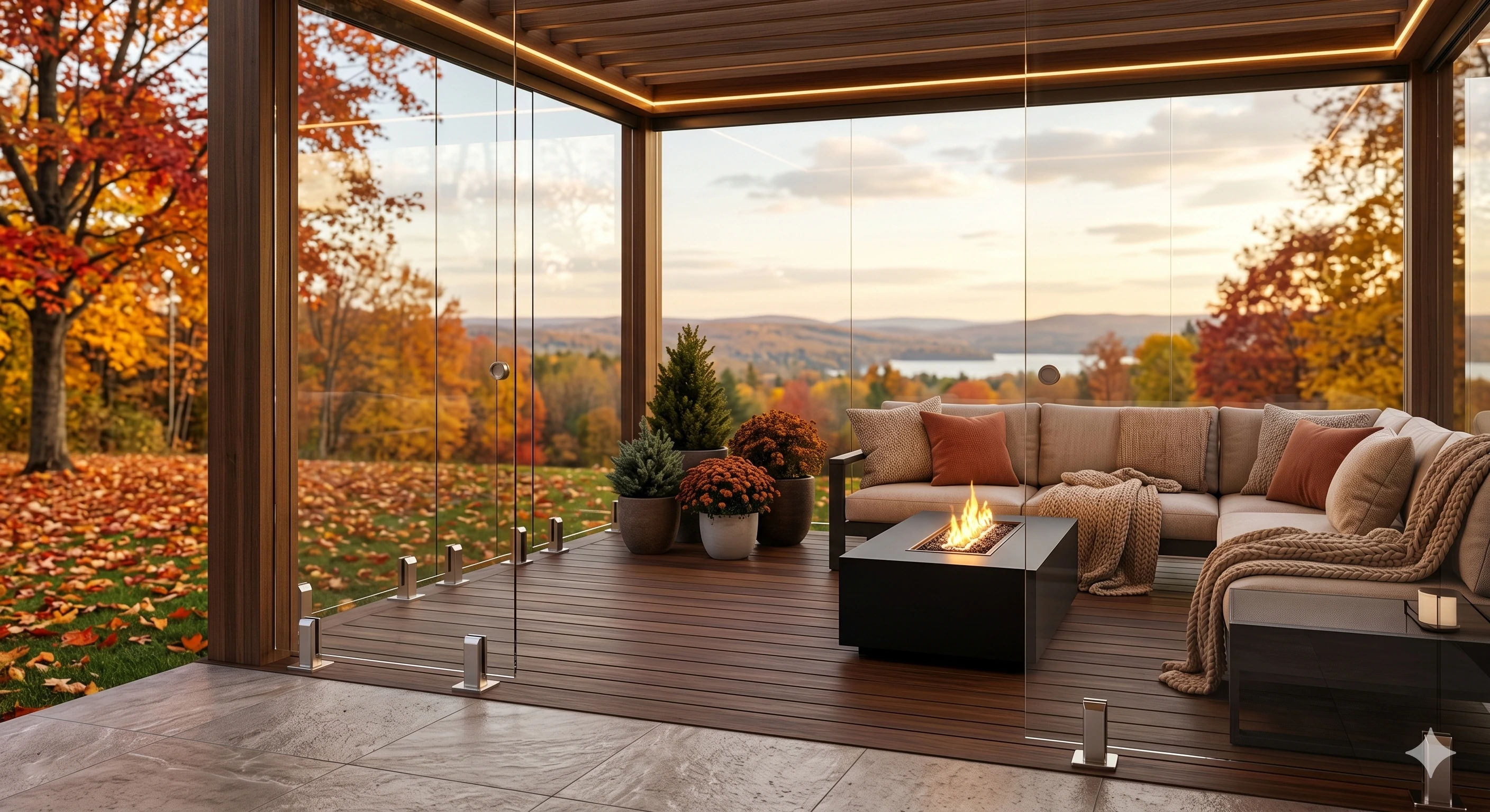 Glass-enclosed autumn patio with fire pit and comfortable seating