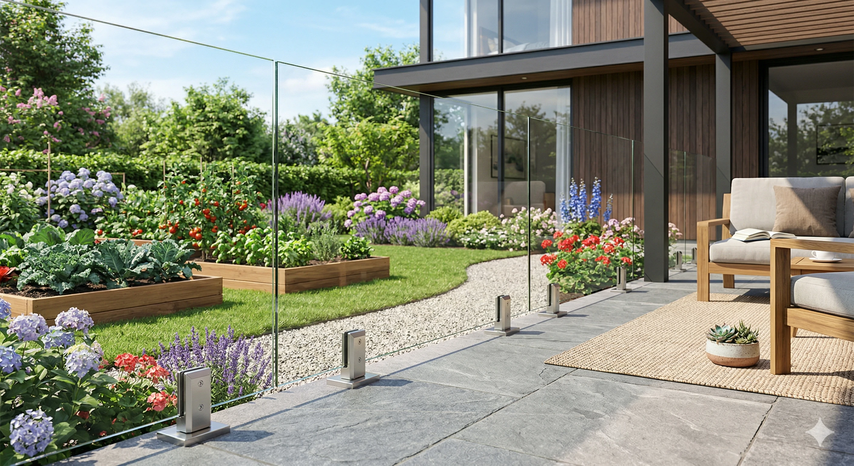 Garden patio with raised planter beds, gravel path, and frameless glass fence