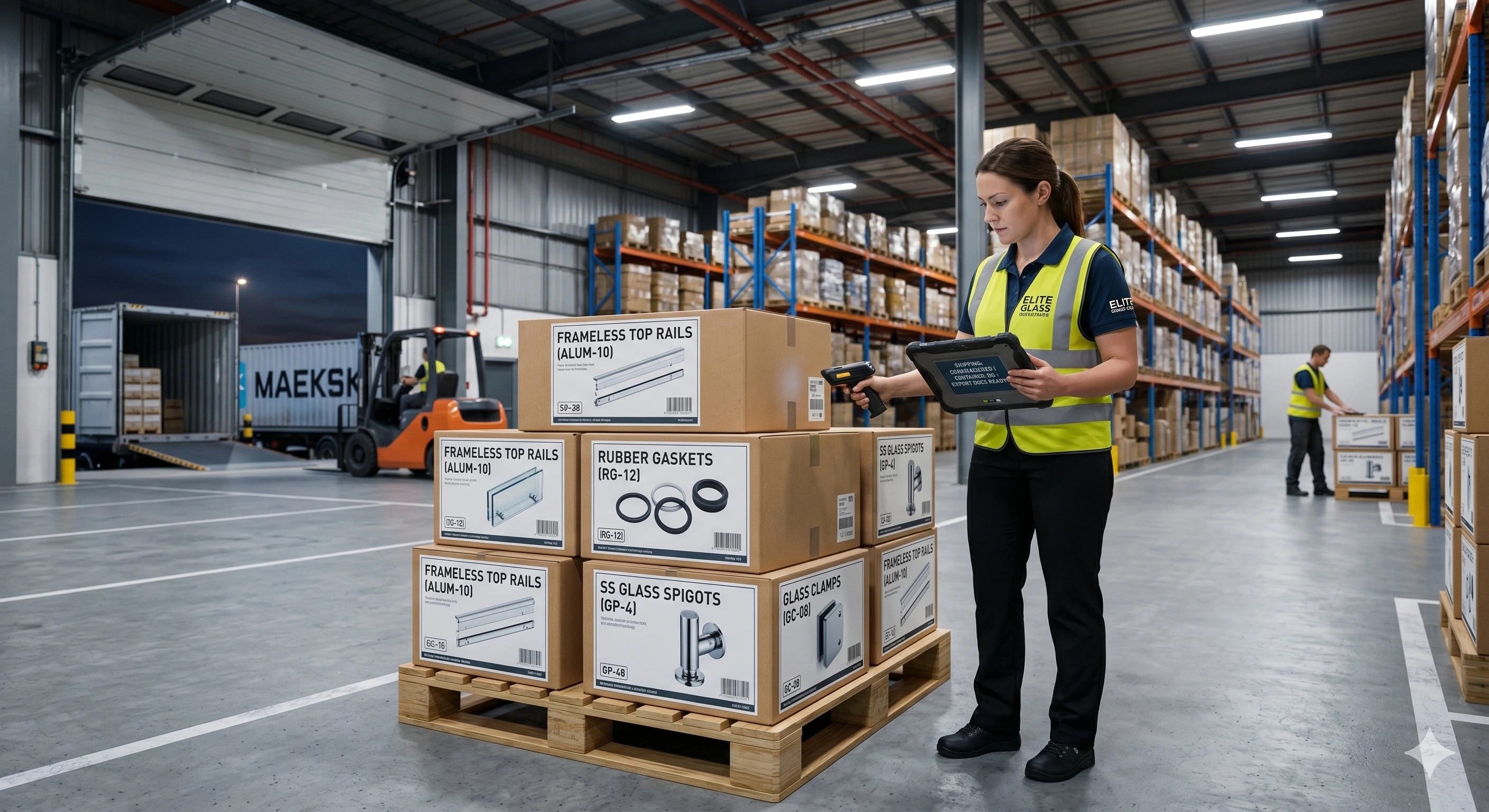 Warehouse worker scanning boxes of glass hardware for global export shipping
