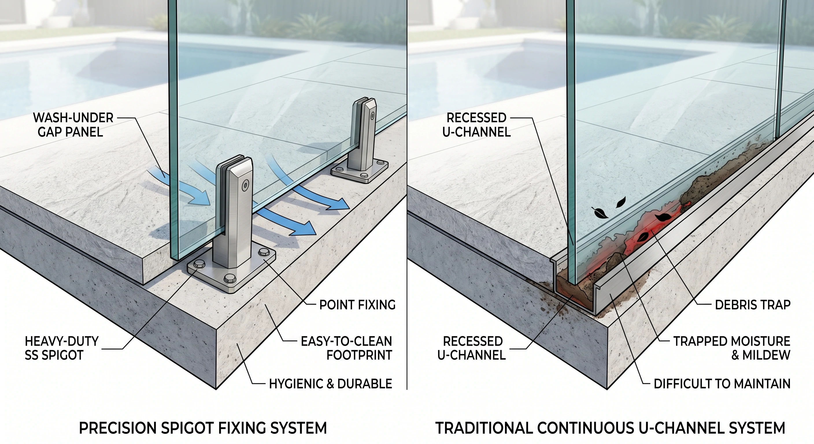 Diagram comparing spigot fixing system with traditional continuous U-channel debris trap.