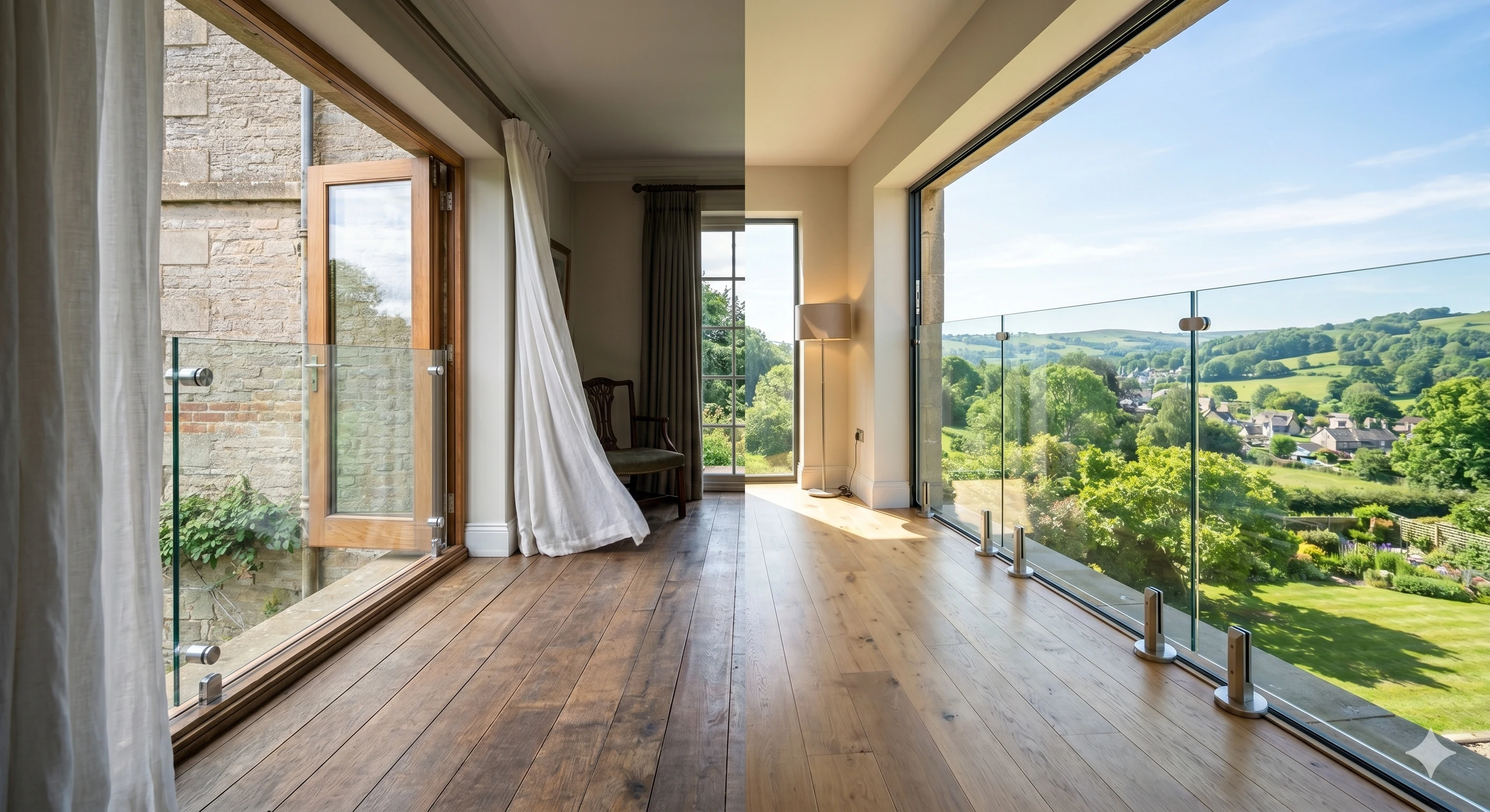 Split view comparing traditional wooden balcony doors with frameless glass railings
