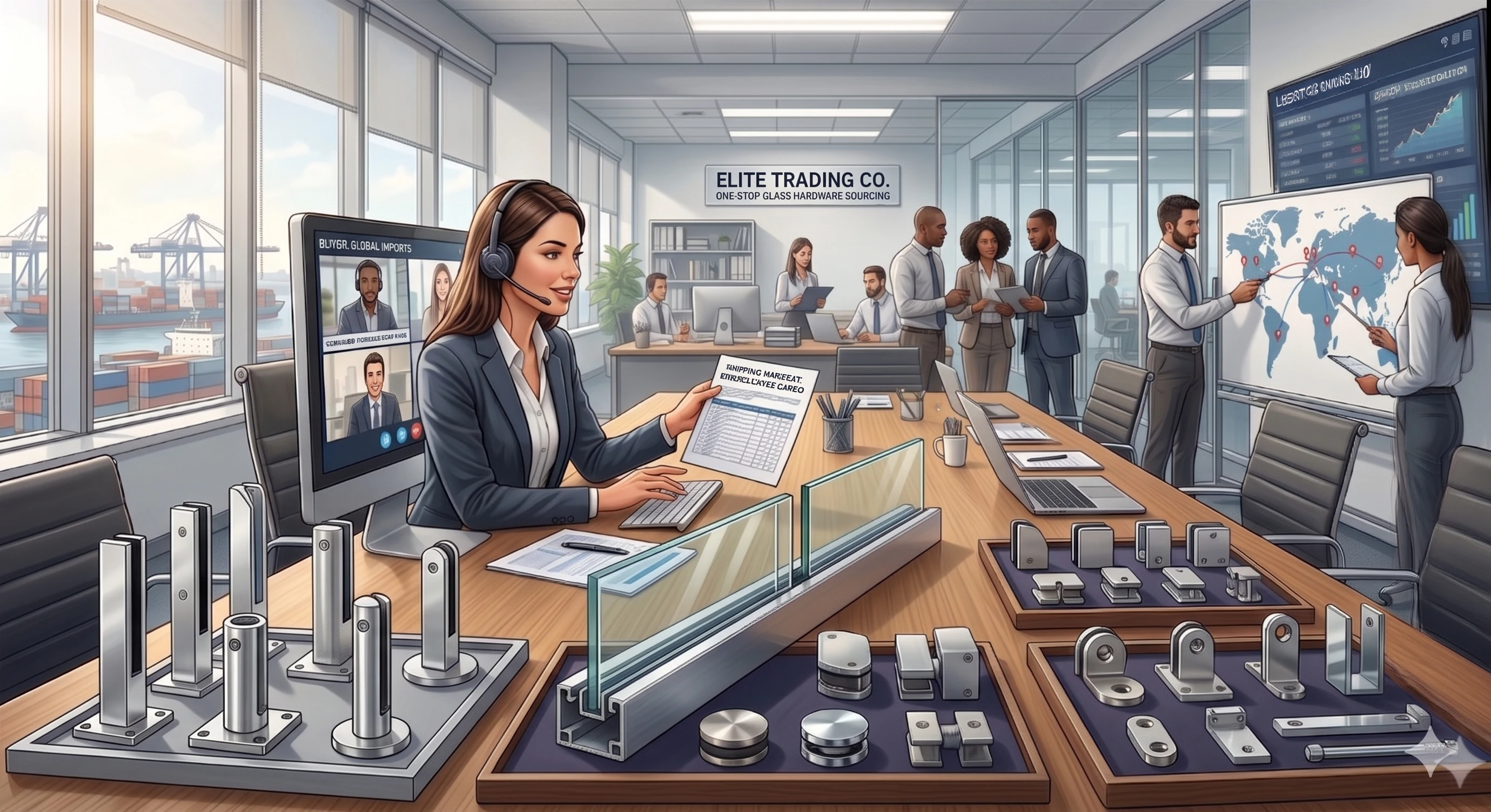 Glass hardware trading company representative on video call with product samples