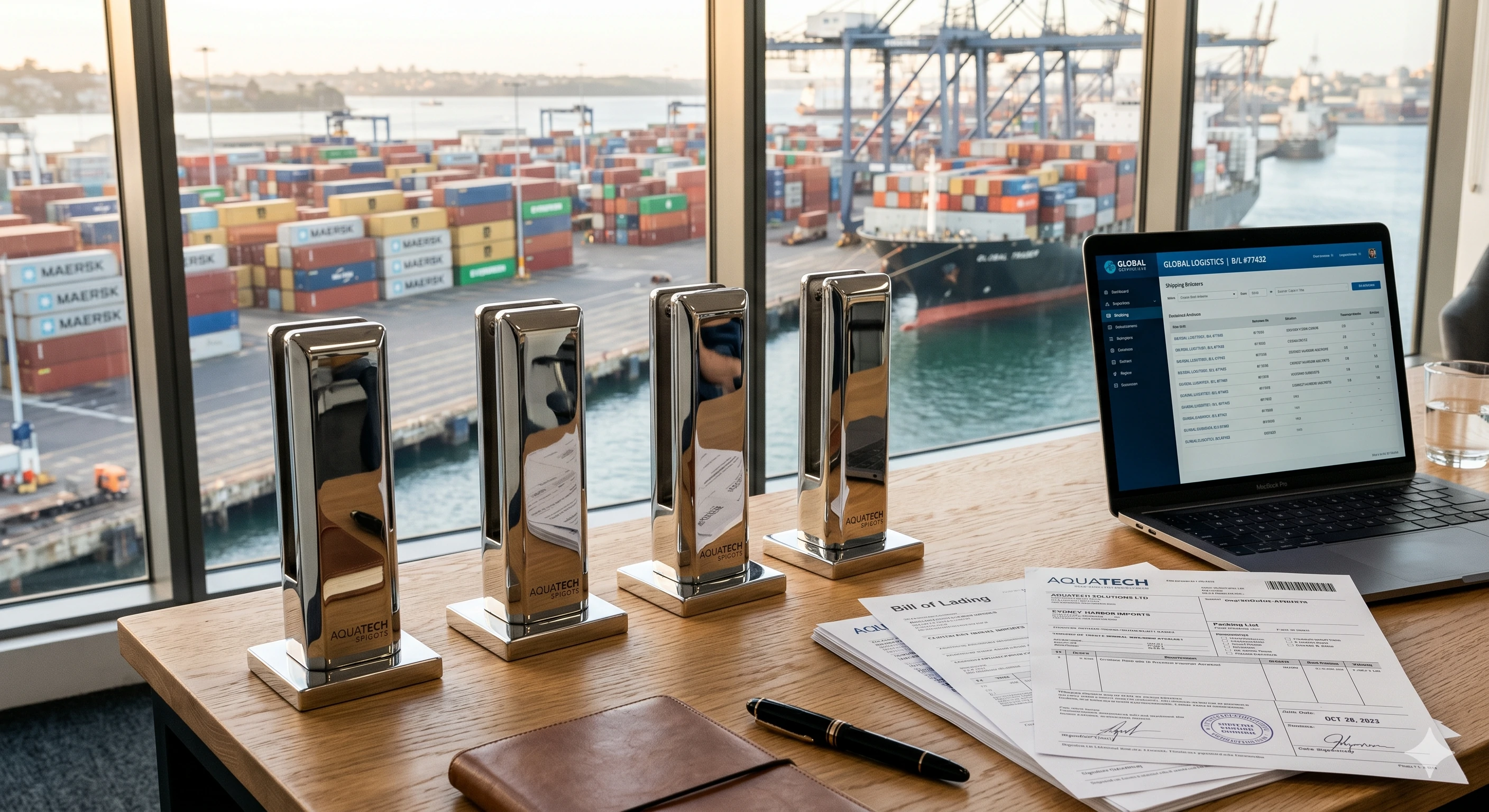 Stainless steel glass spigots on desk with global shipping logistics software