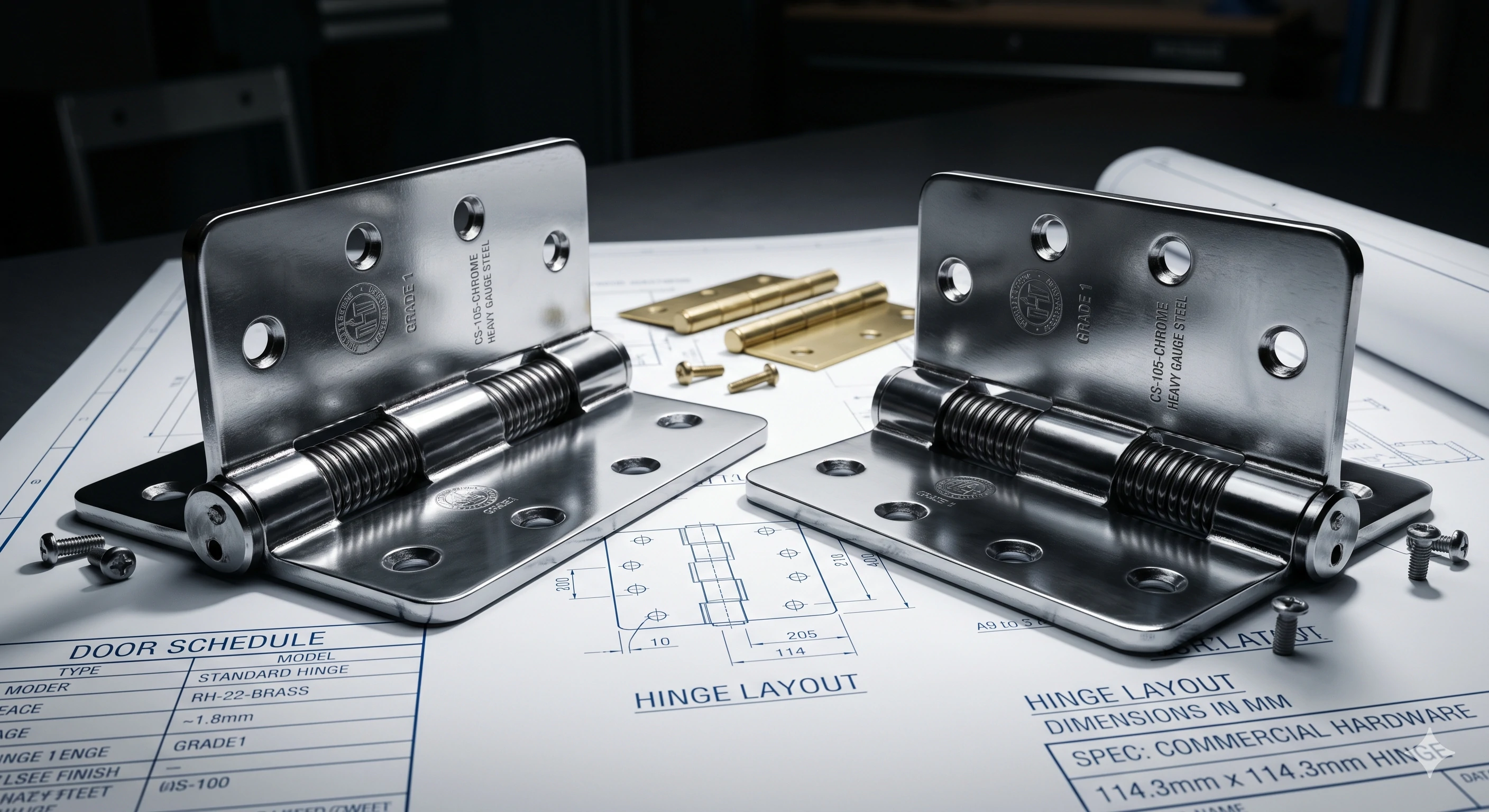 Two heavy-duty chrome commercial door hinges resting on architectural blueprints