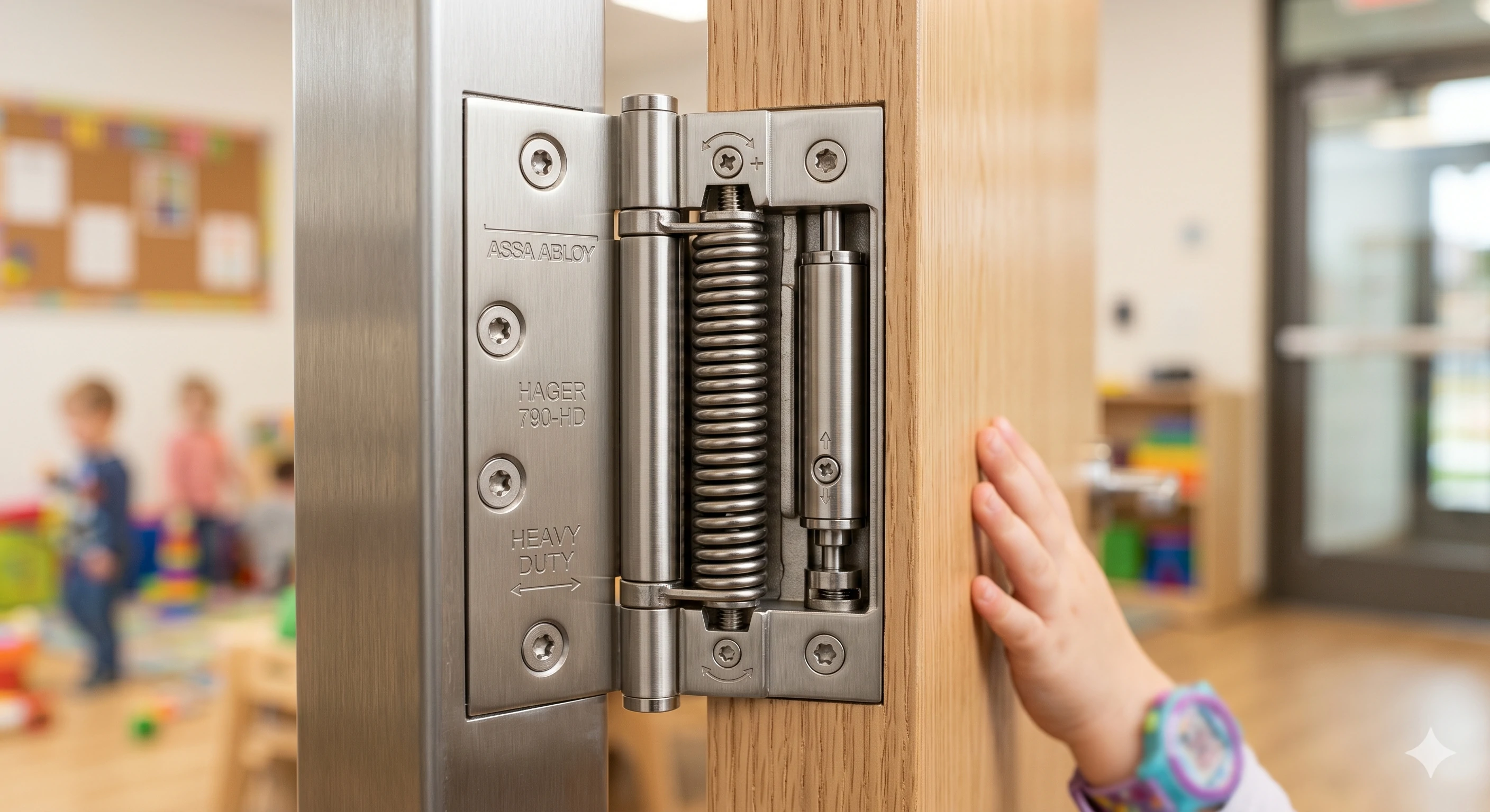 Close up of heavy duty spring hinge on daycare door near child