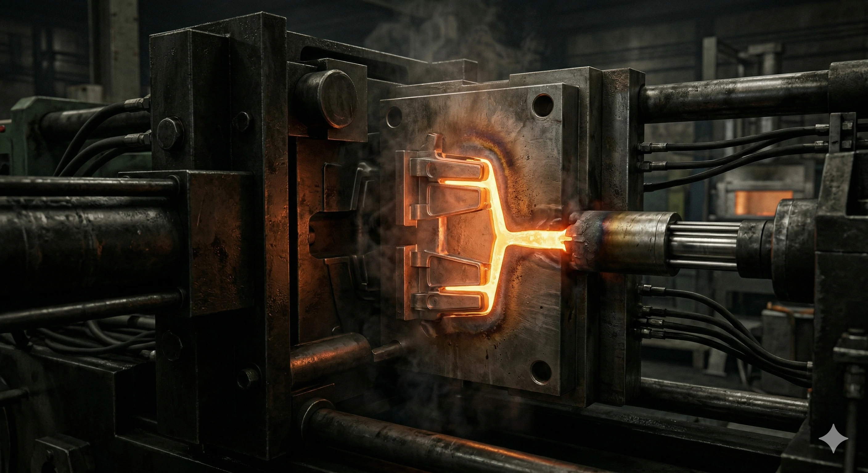 Glowing molten metal injected into industrial die casting mold