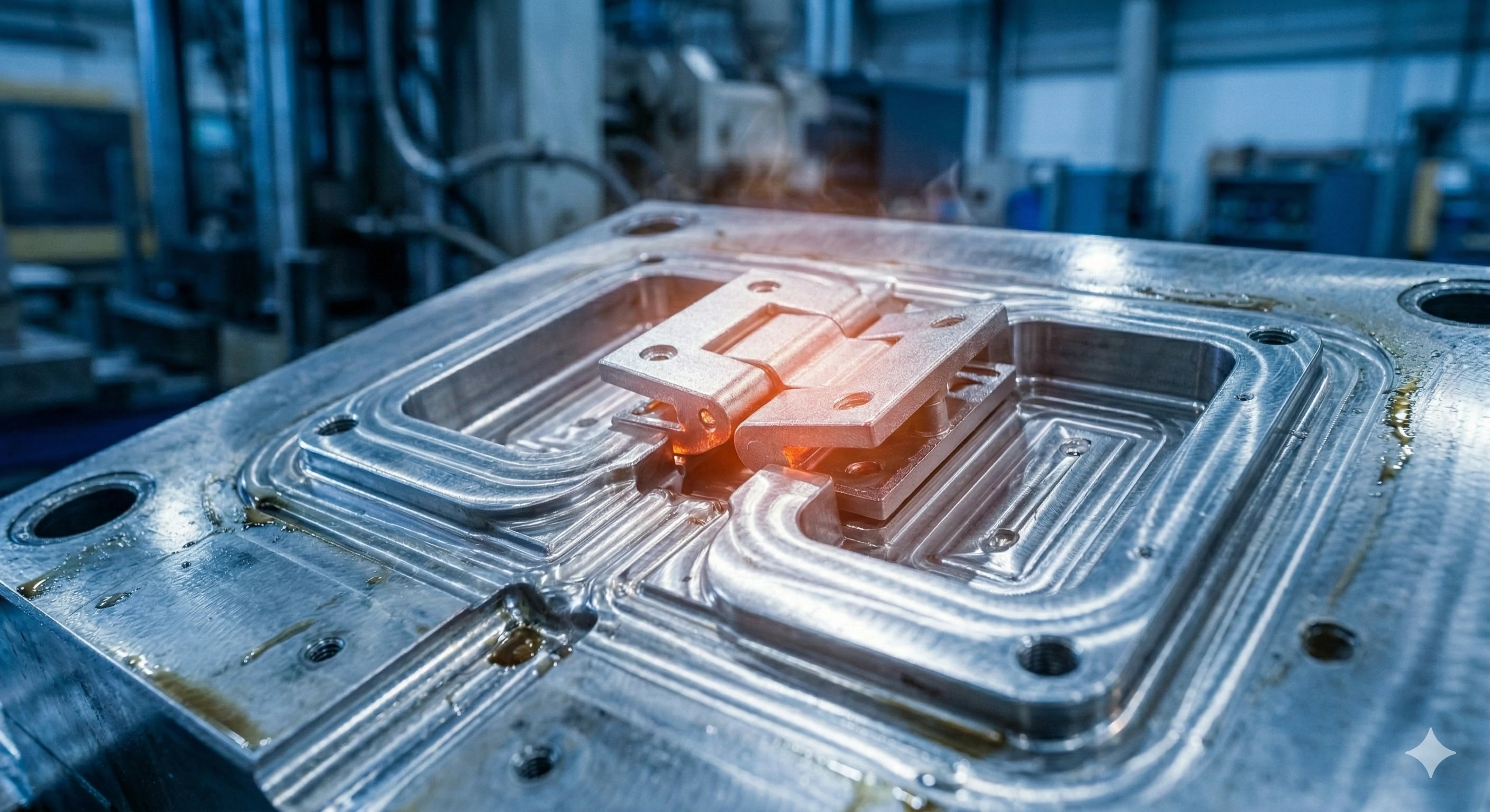 Hot freshly molded metal hinge cooling inside an industrial die