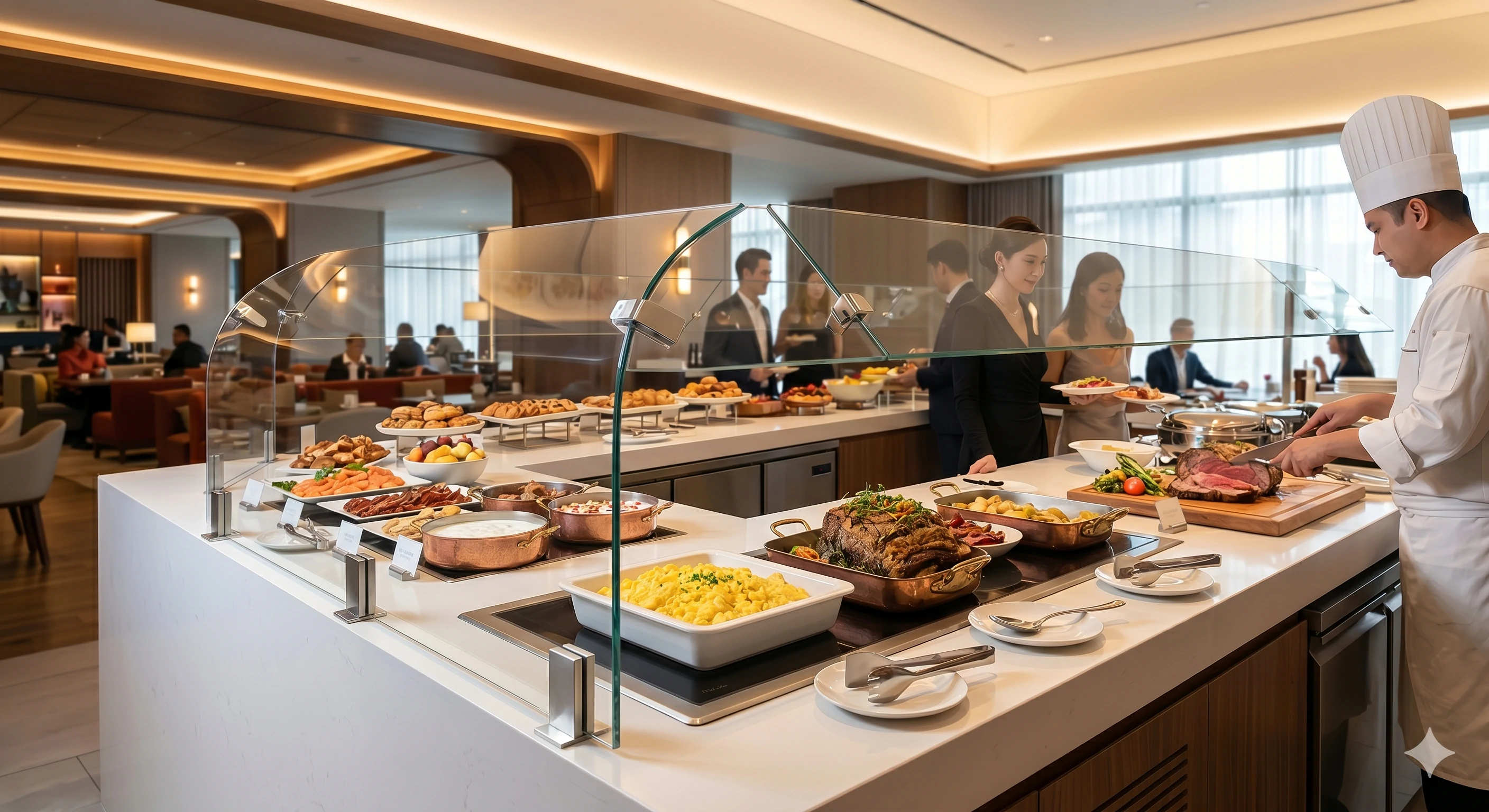 Chef serving meat at busy hotel buffet with clear sneeze guards.