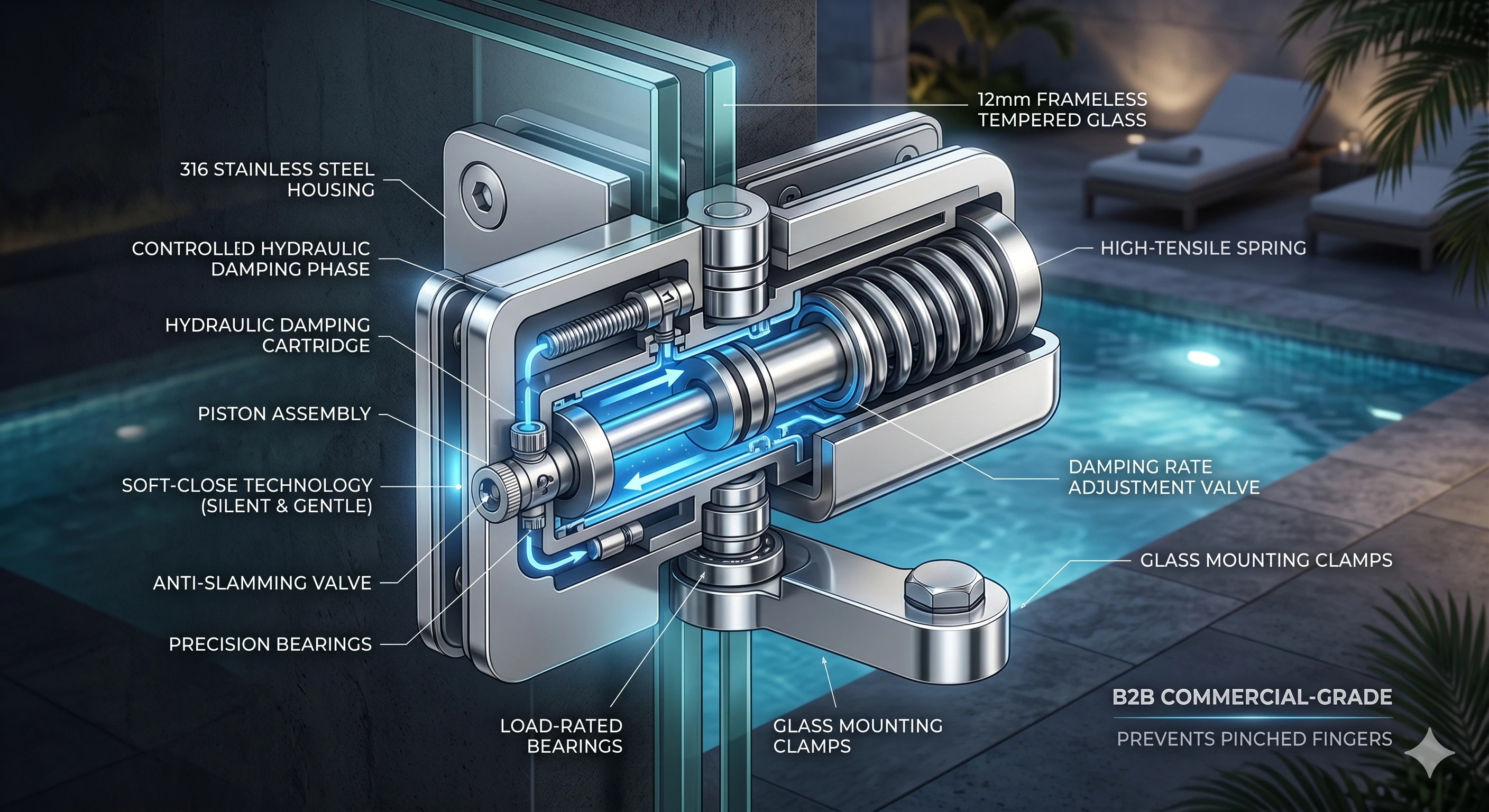 Cutaway diagram of commercial hydraulic glass pool hinge internal parts.