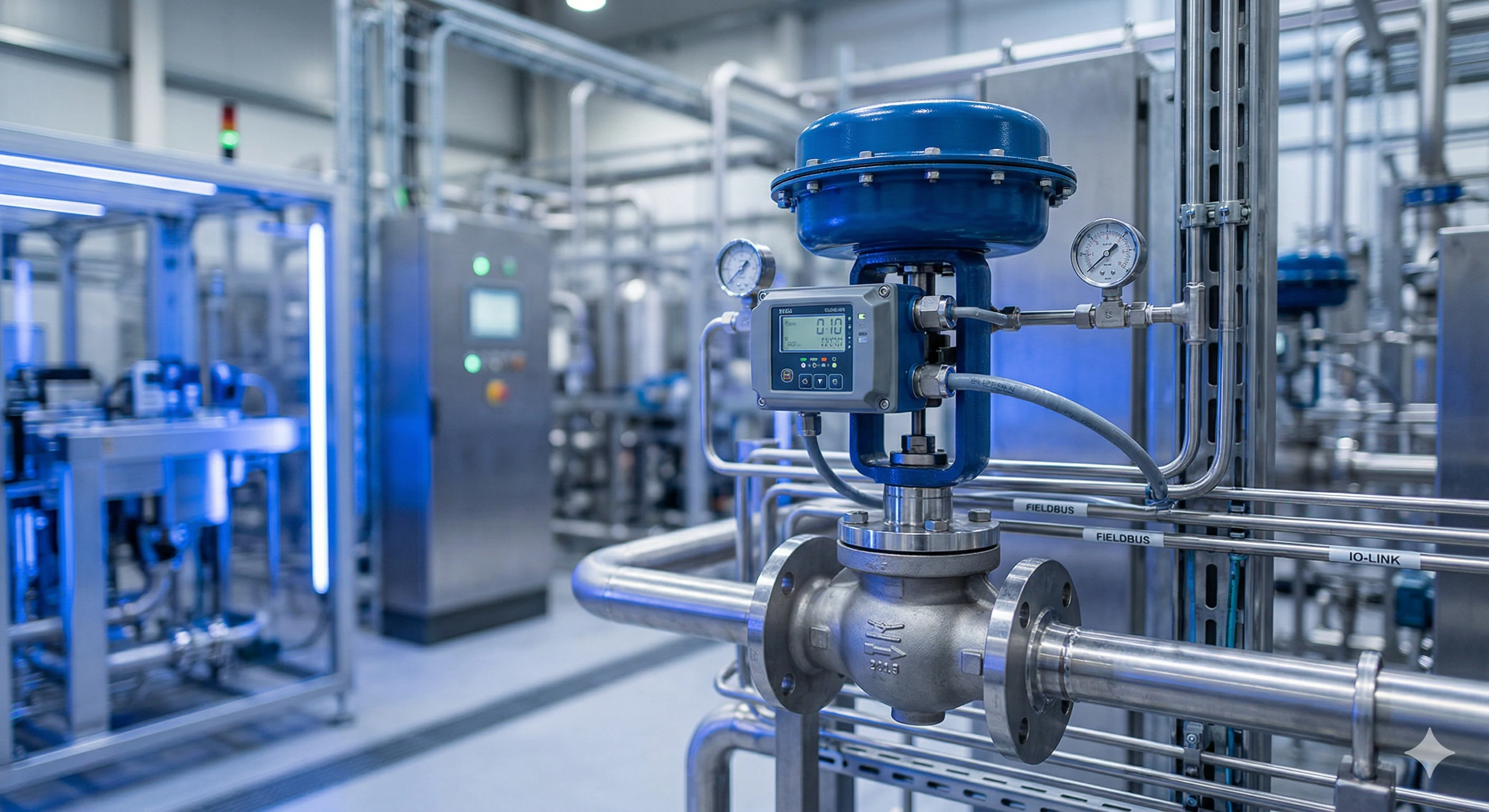 Industrial stainless steel piping with a digital control valve.