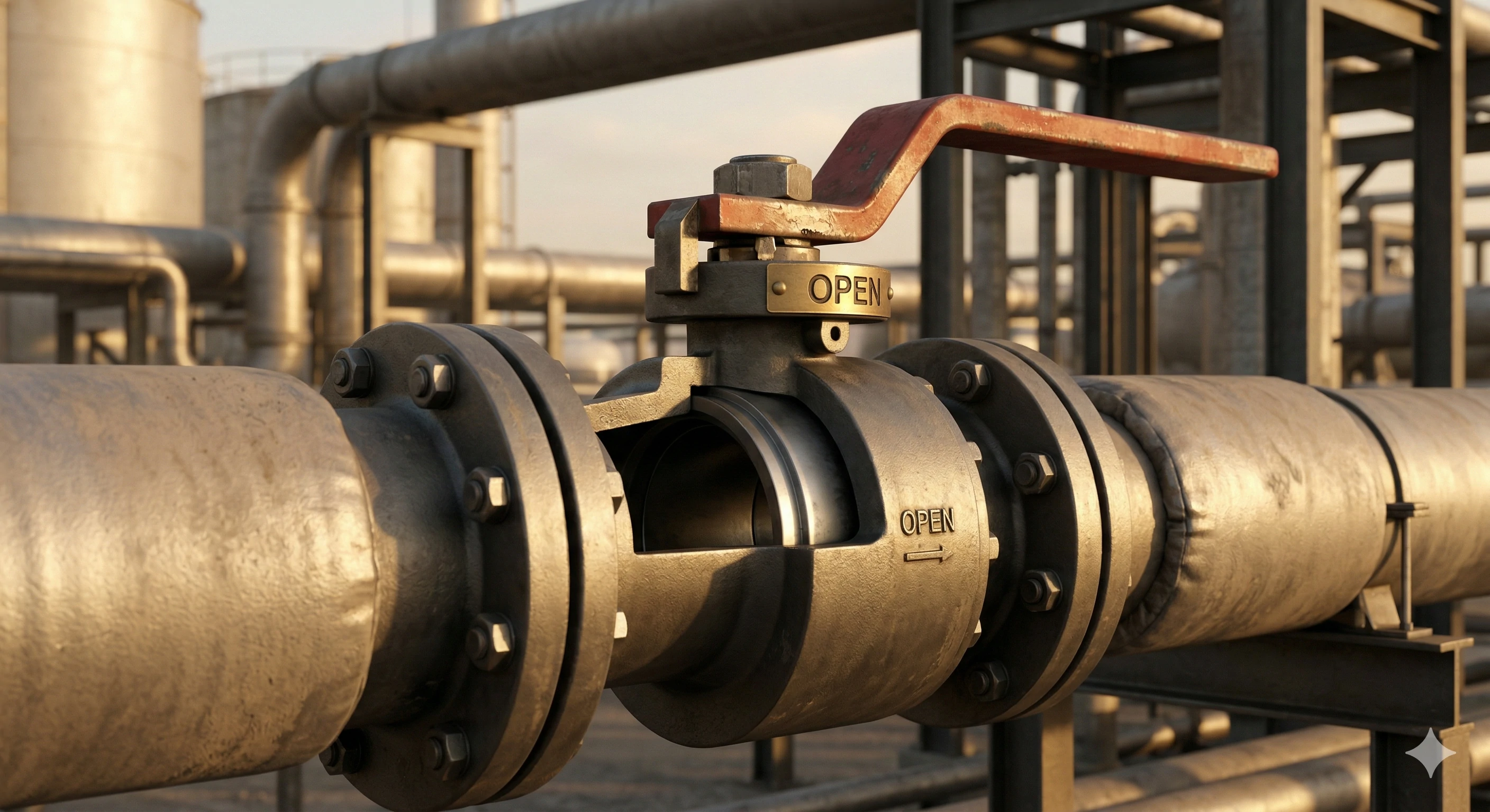 Cutaway view of heavy duty industrial ball valve on an outdoor pipeline.