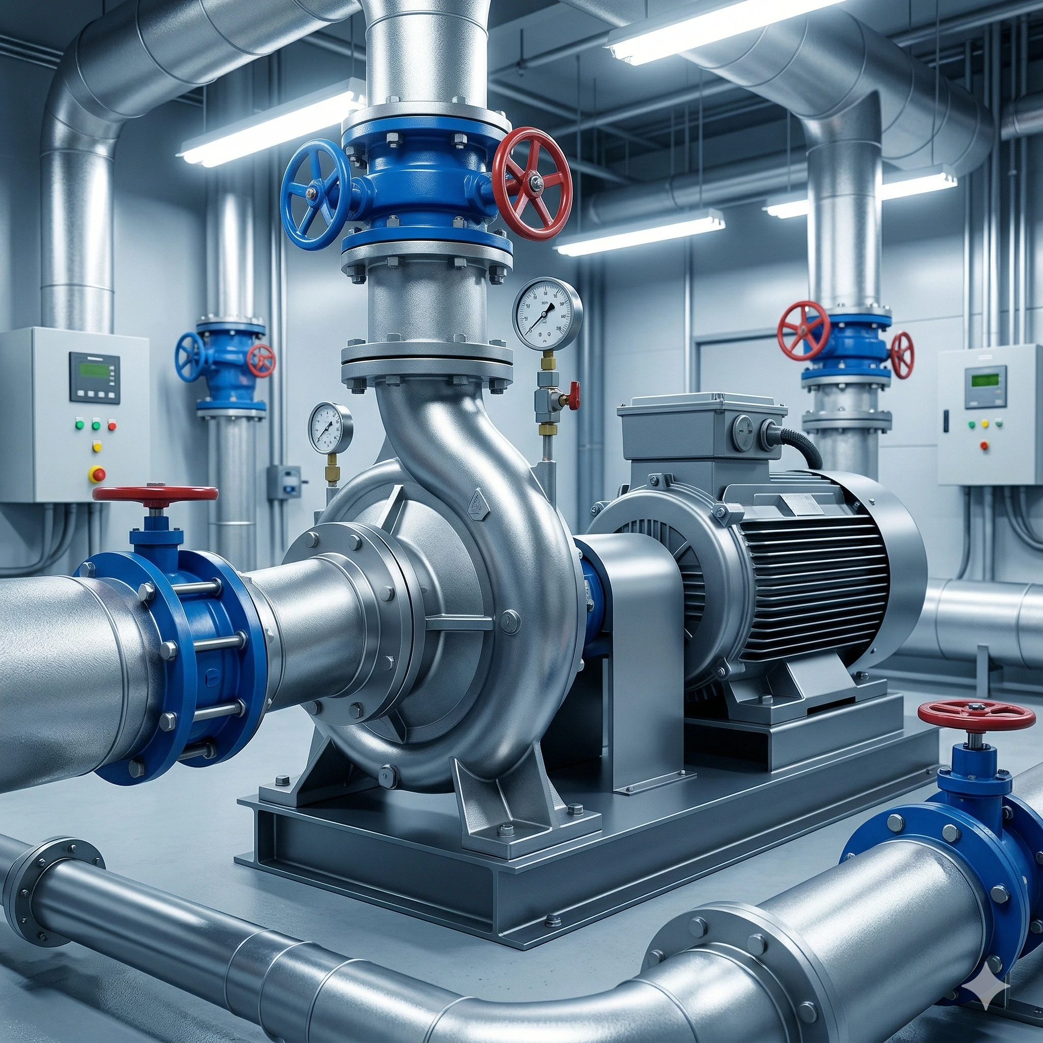 Large industrial centrifugal water pump with electric motor and blue valves.