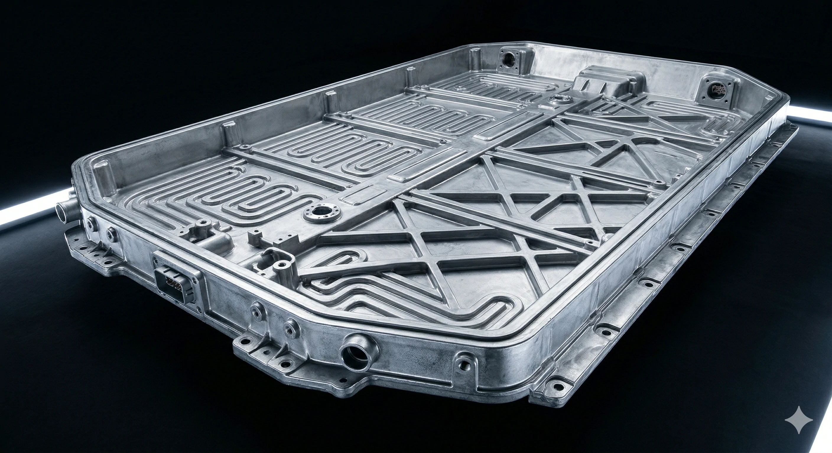 Intricate cast metal EV battery enclosure with cooling channels