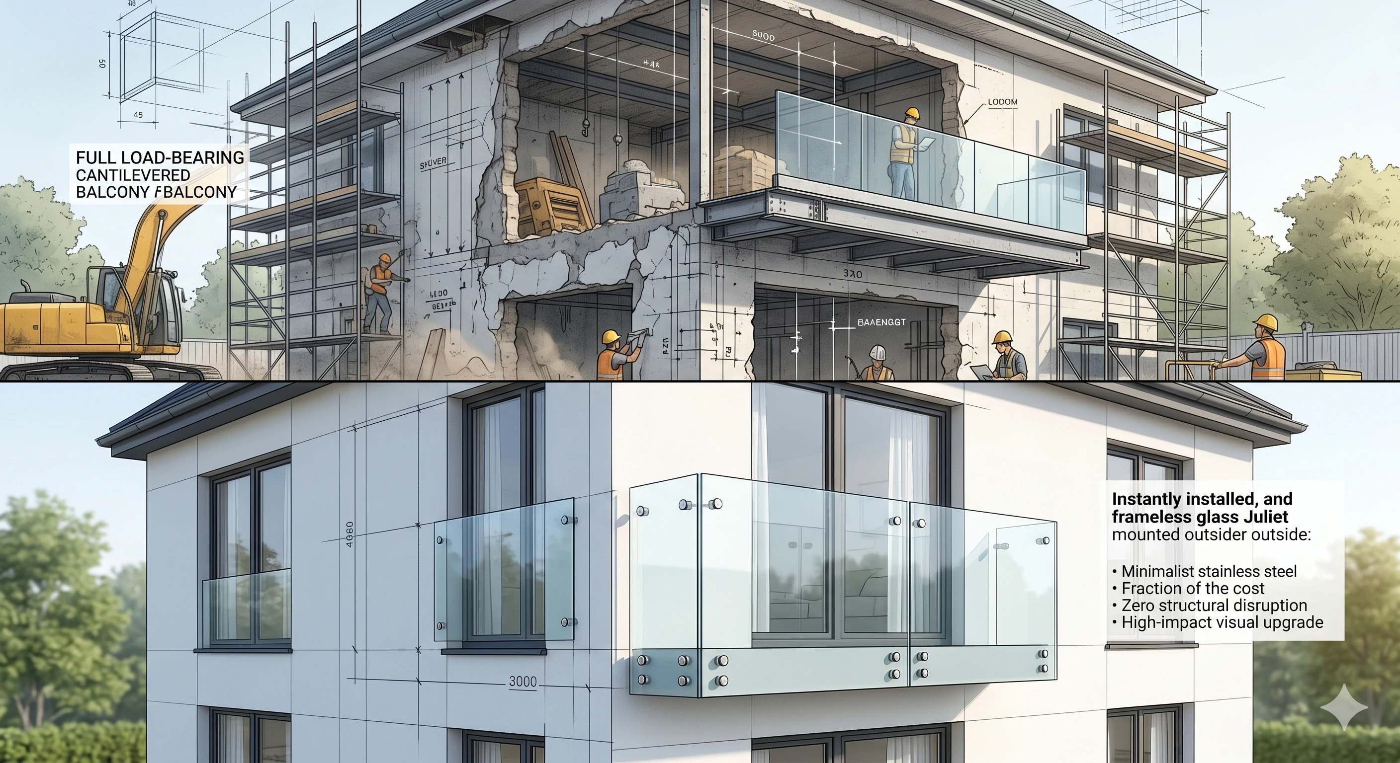 Construction and finished installation of frameless glass Juliet balcony