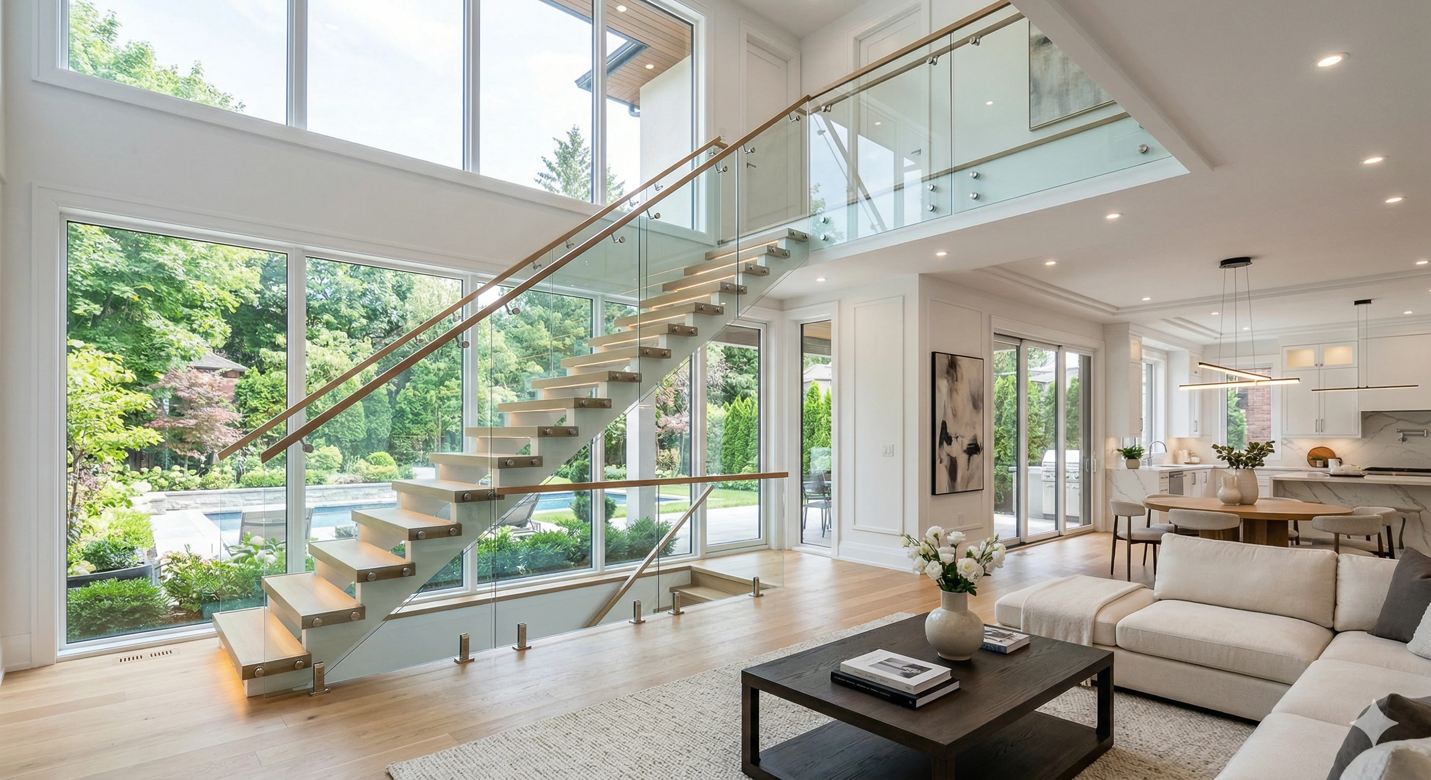 Luxury home interior featuring floating stairs with glass balustrade.