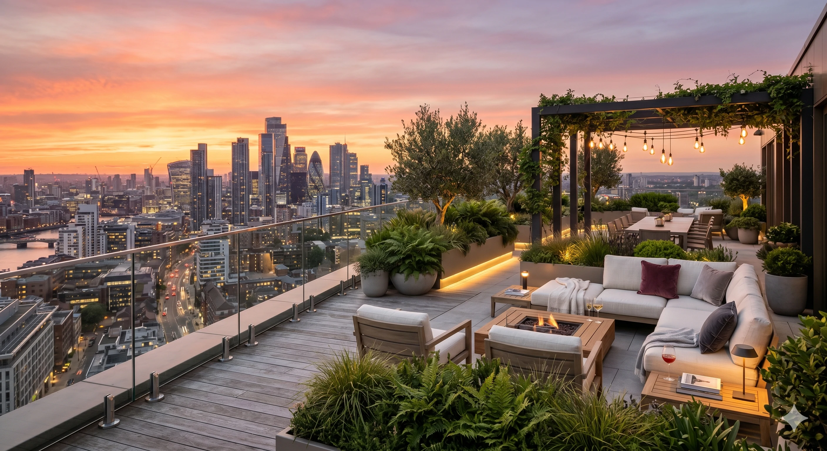 Luxury rooftop terrace with seating and fire pit overlooking London skyline at sunset