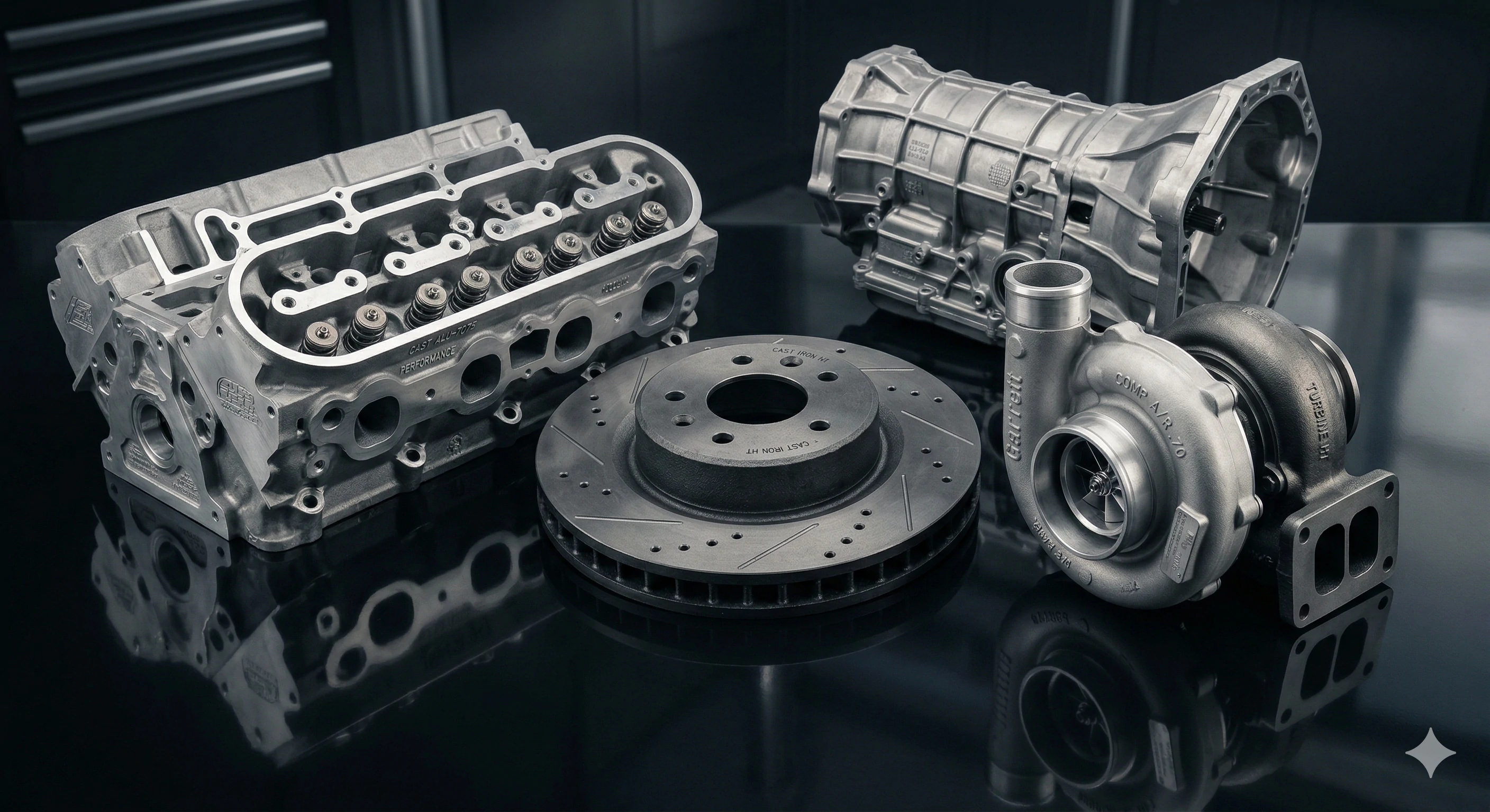 Assorted machined automotive parts including turbocharger, brake rotor, and engine block