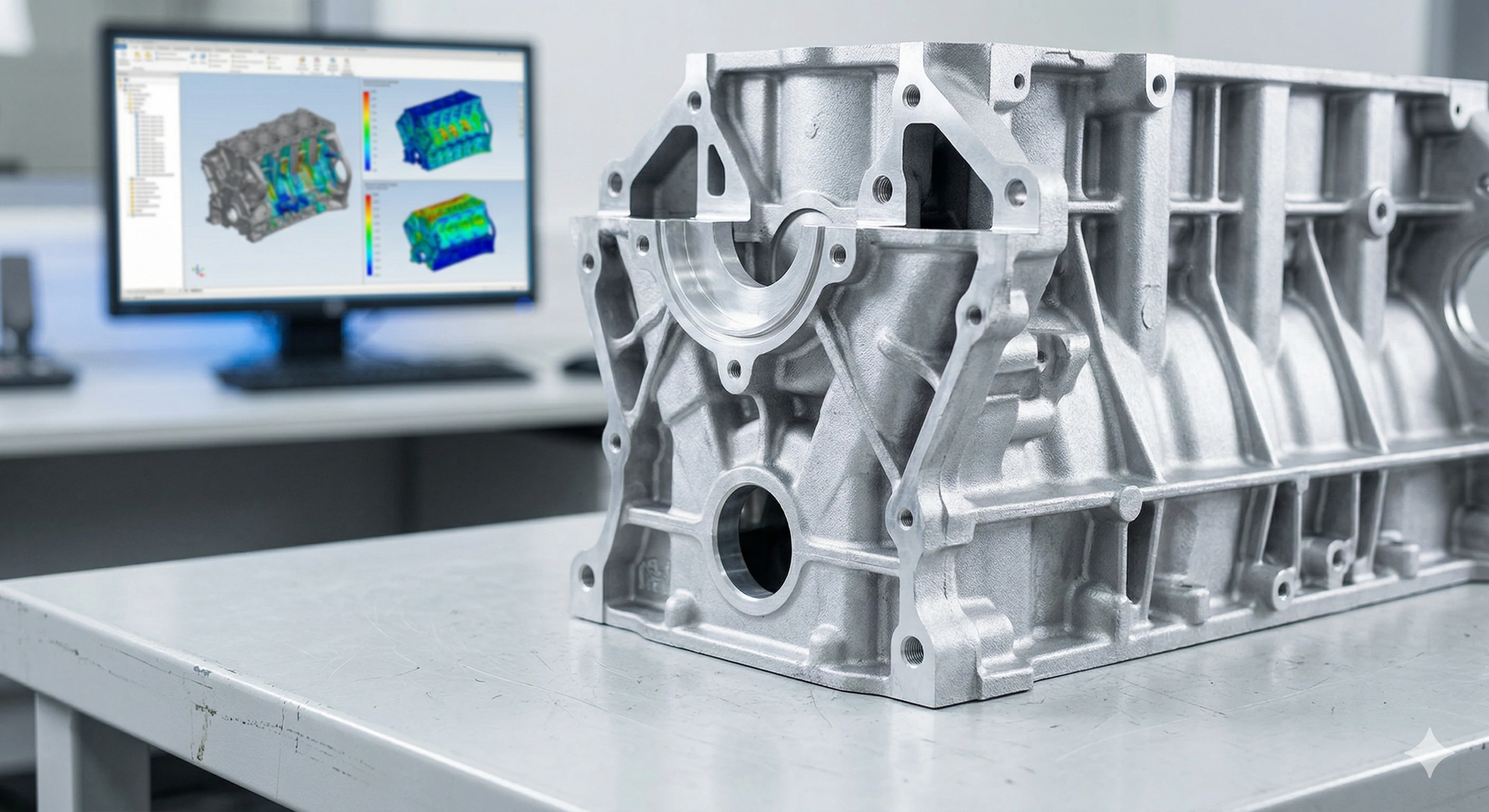 Machined aluminum engine block casting next to CAD software